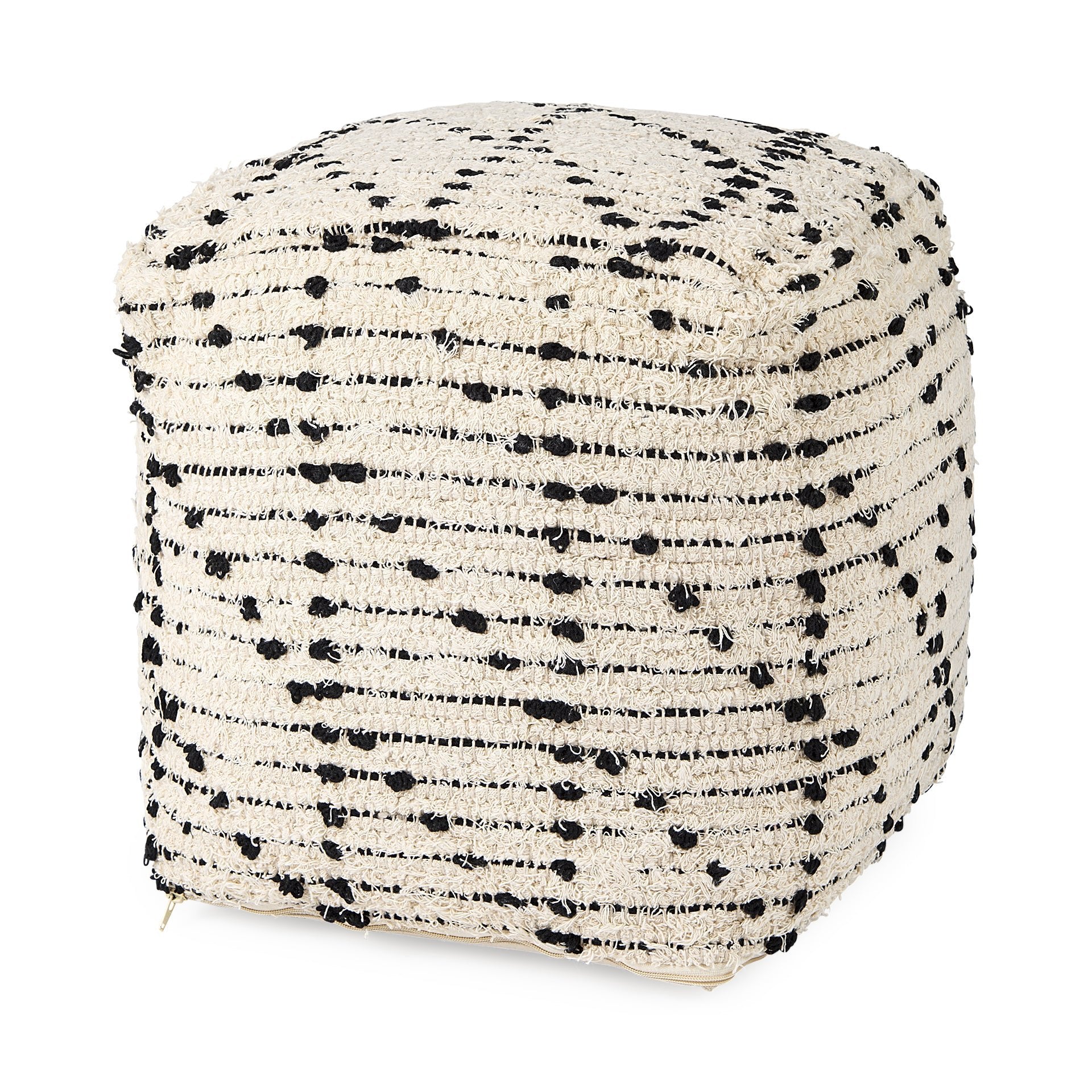 Aarohi 16.0L x 16.0W x 16.0H Cream/Black Cotton Patterned Pouf - Central Designs