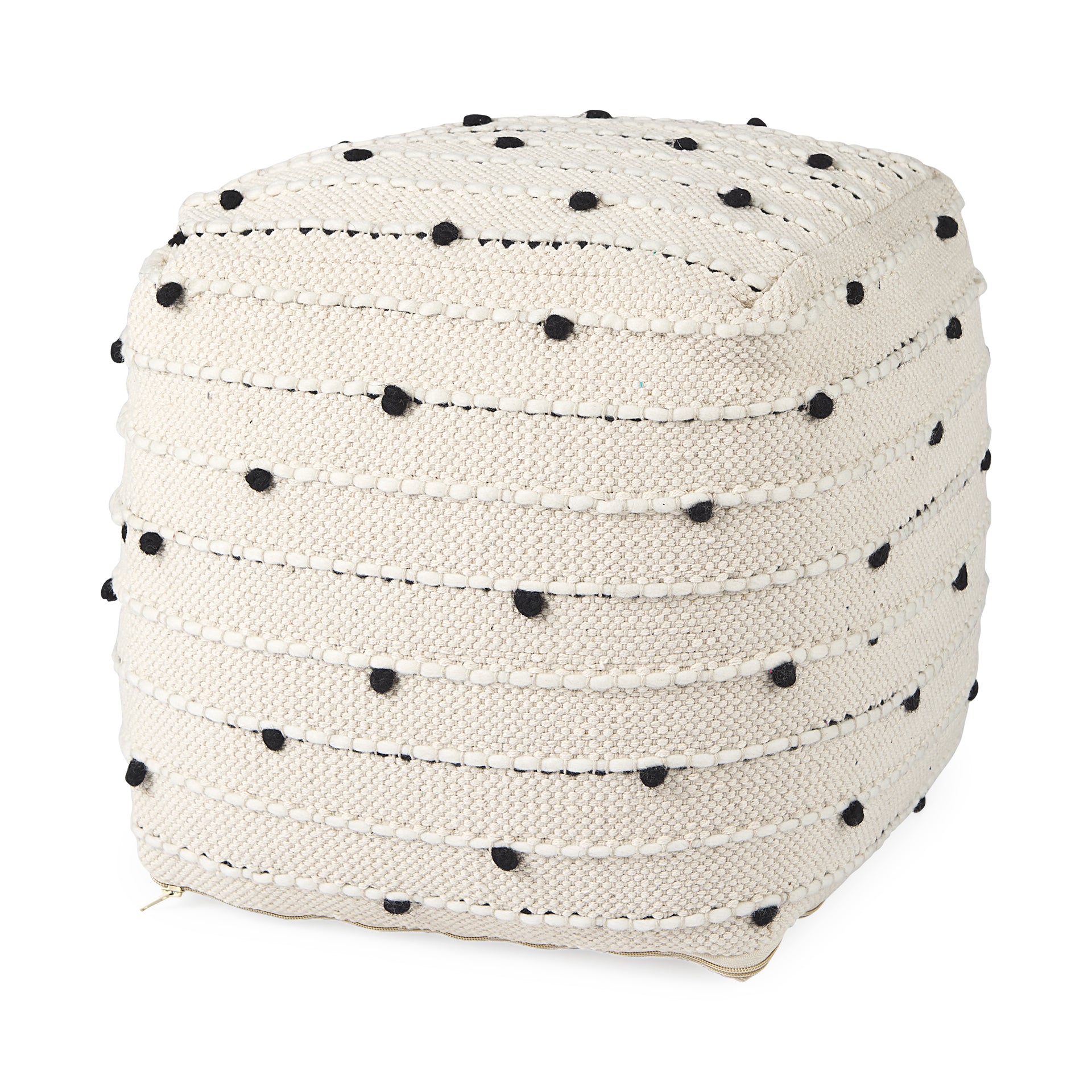 Amaira 16.0L x 16.0W x 16.0H Cream/Black/White patterned Wool and Cotton Pouf - Central Designs
