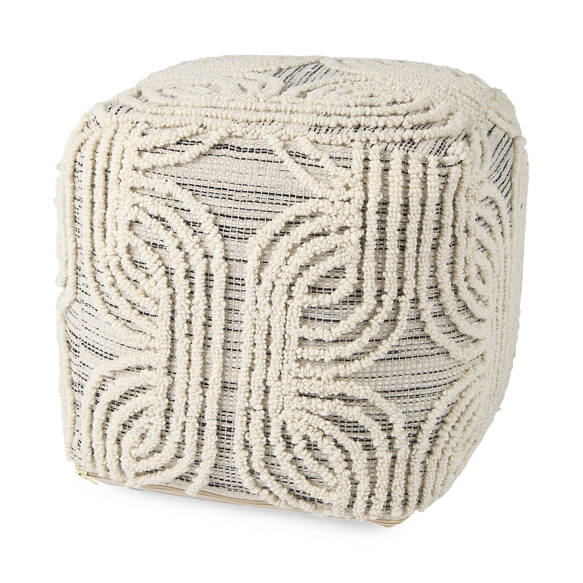 Amaya 16.0L x 16.0W x 16.0H Cream/Black/Gray Wool and Cotton Pouf - Central Designs