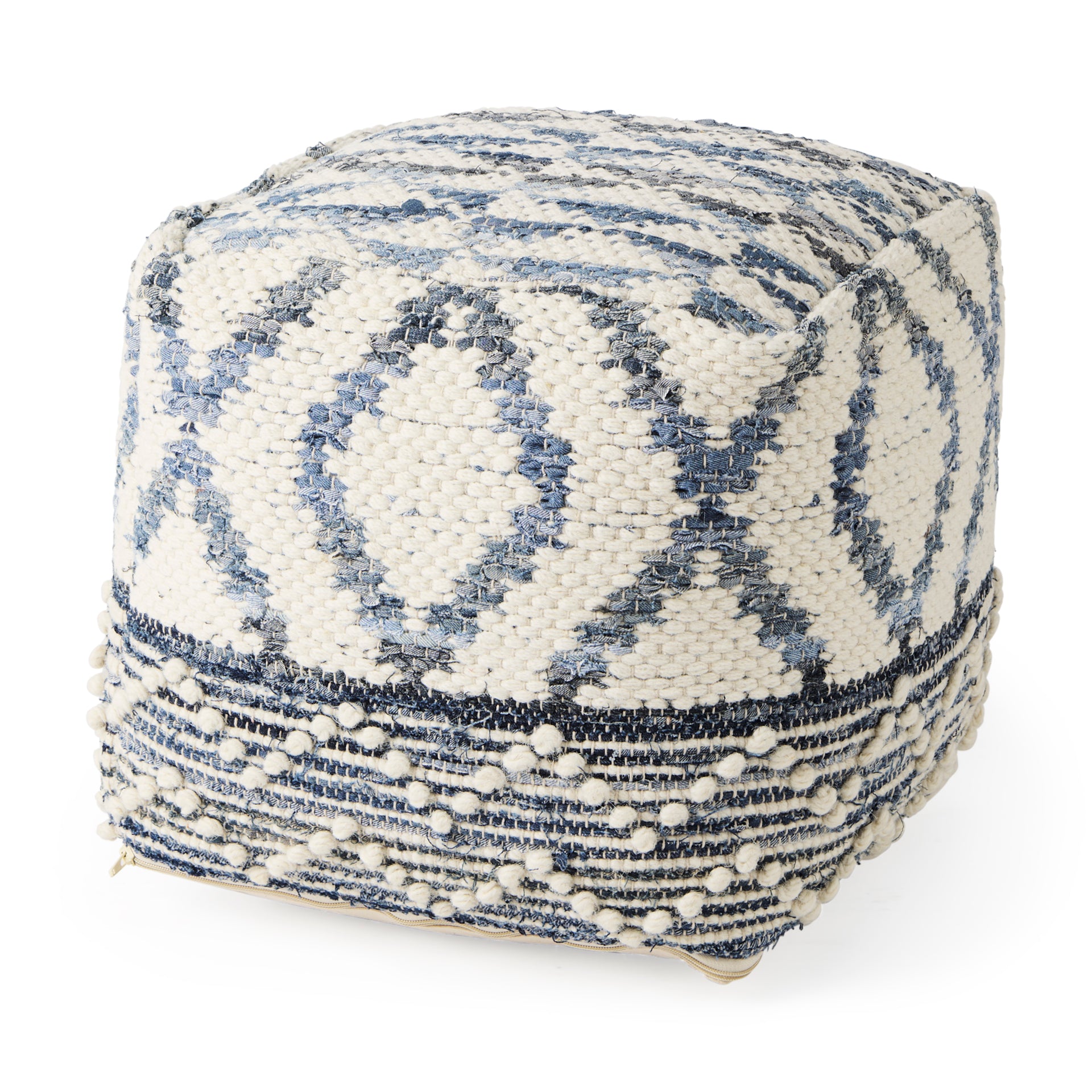 Eshana 16.0L x 16.0W x 16.0H Cream Wool and Denim Patterned Pouf - Central Designs