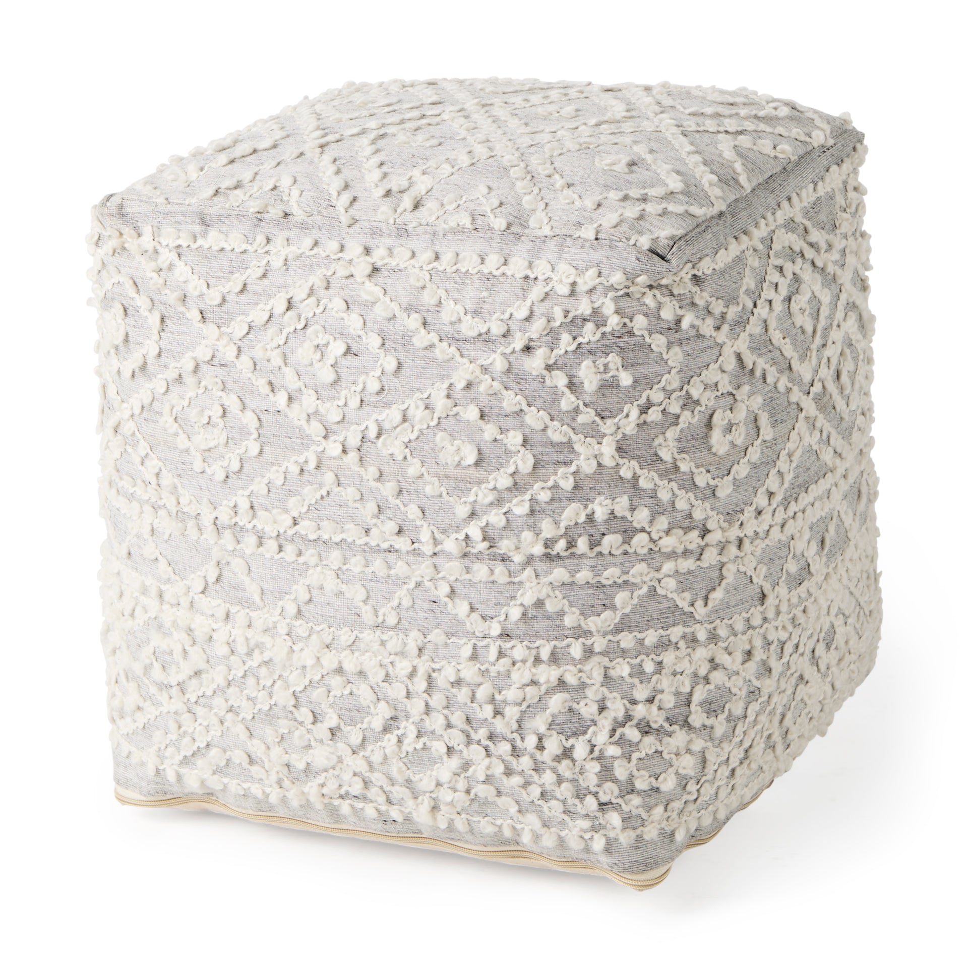 Farida 6.0L x 16.0W x 16.0H Light Gray Wool and Polyester Patterned Pouf - Central Designs