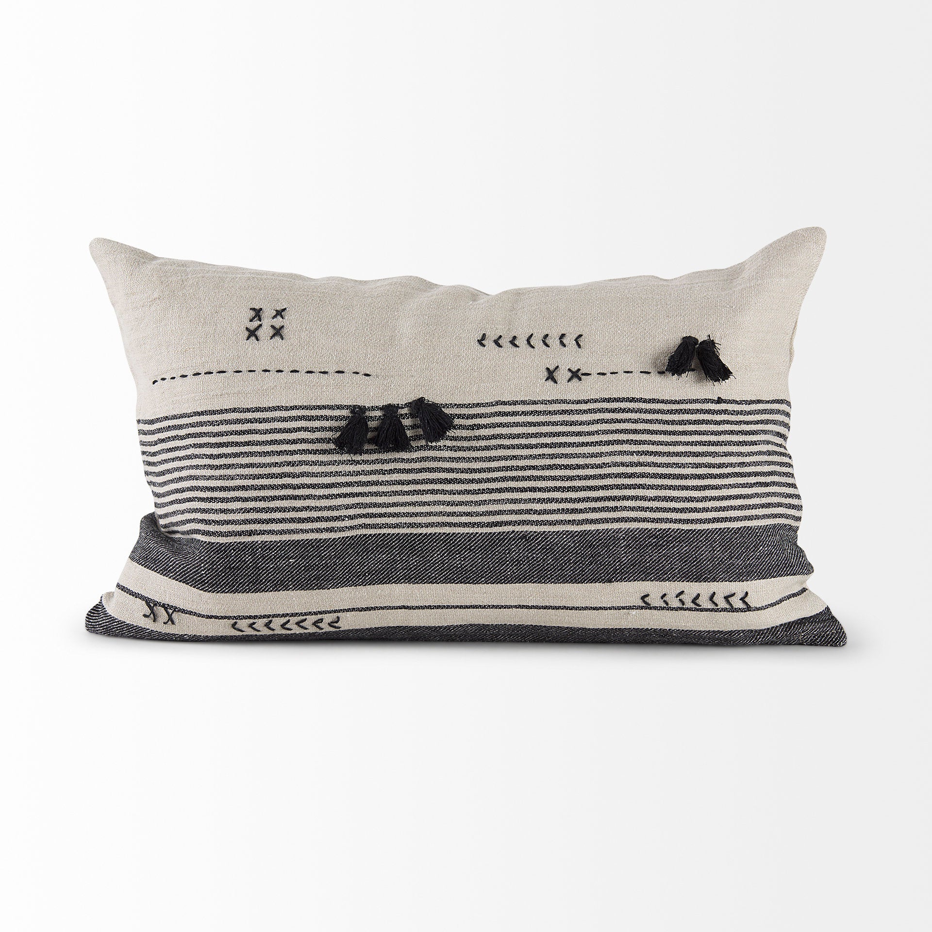 Thalia 13L x 21W Black and Beige Fabric Striped and Fringed Decorative Pillow Cover - Central Designs