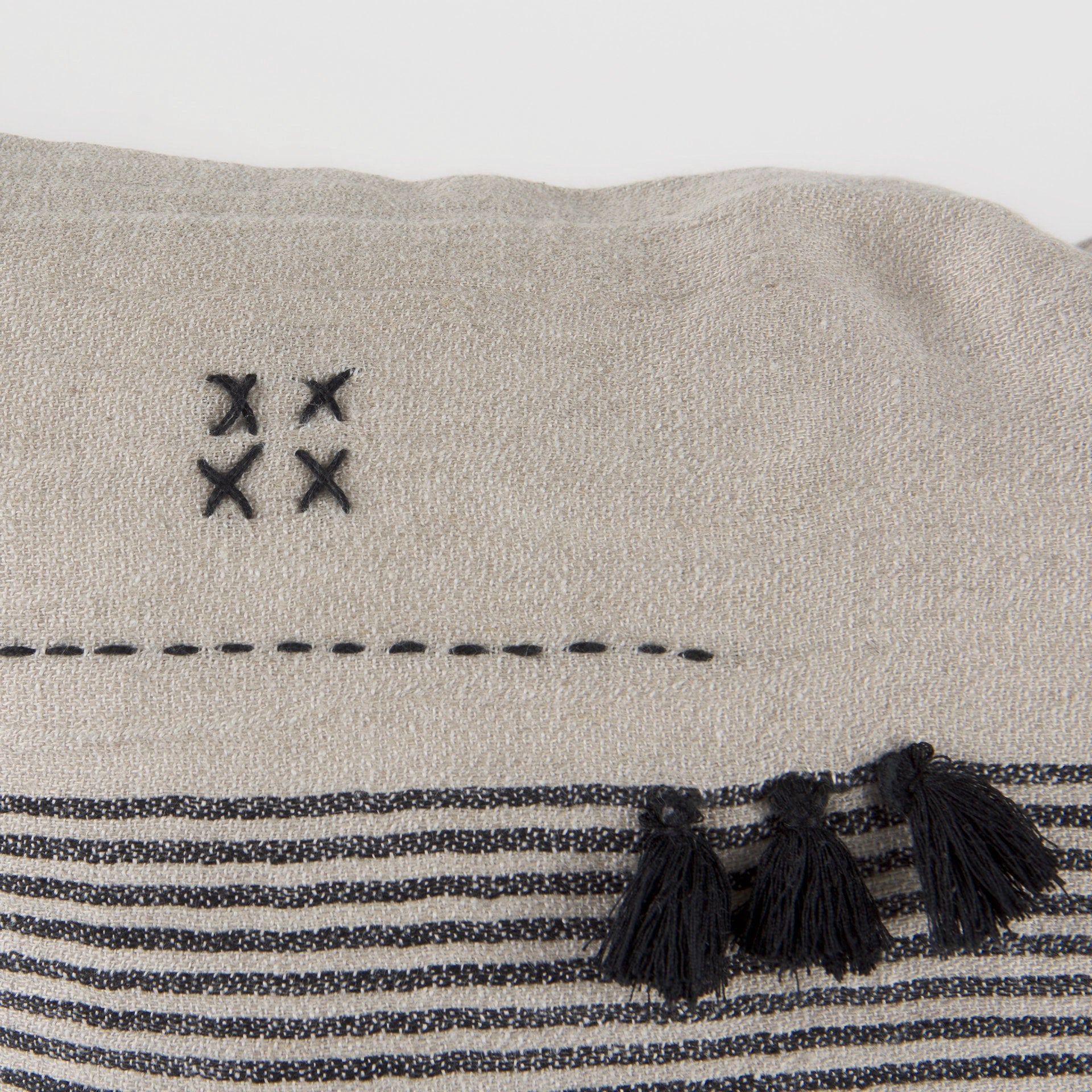 Thalia 13L x 21W Black and Beige Fabric Striped and Fringed Decorative Pillow Cover - Central Designs