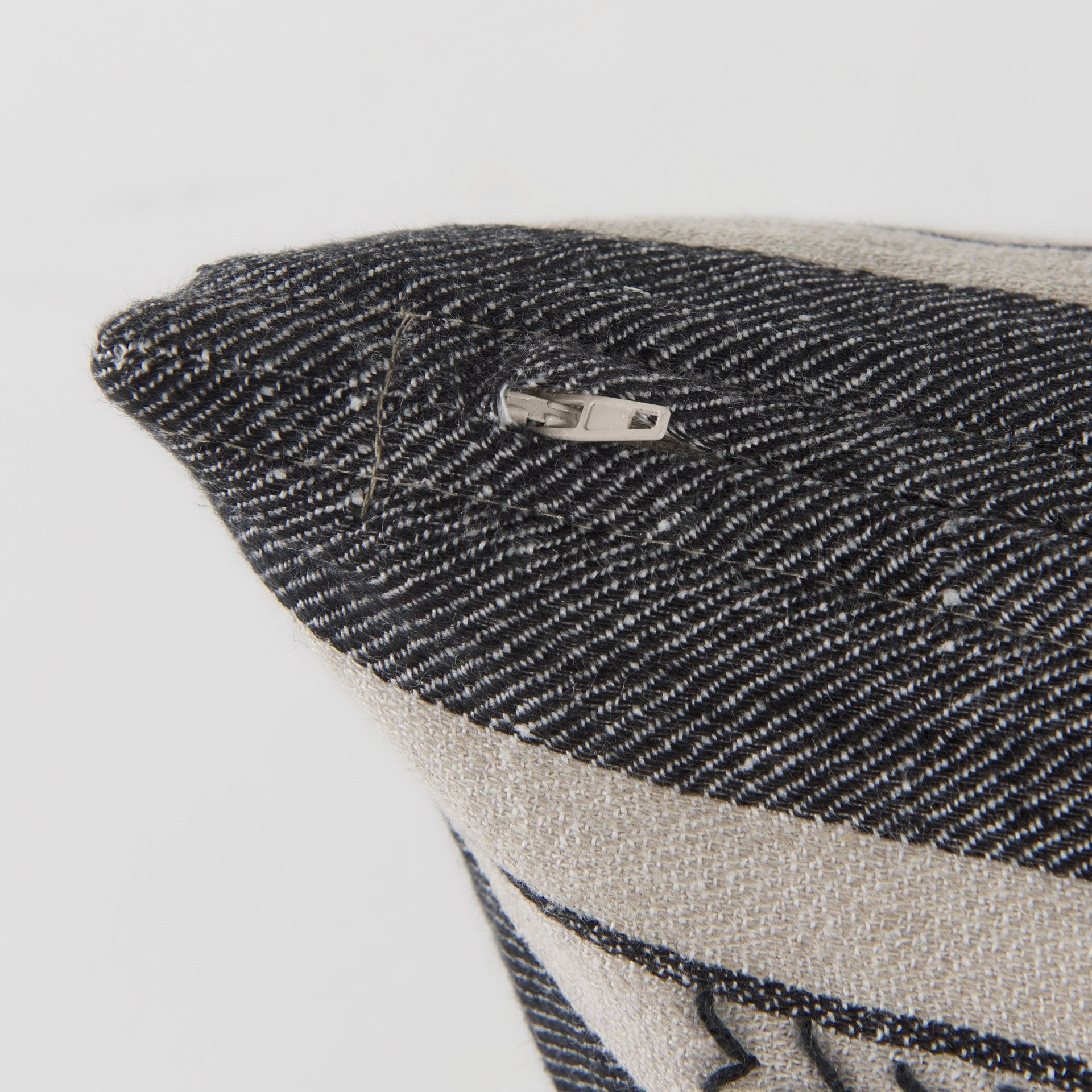 Thalia 13L x 21W Black and Beige Fabric Striped and Fringed Decorative Pillow Cover - Central Designs