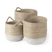 Maddie 13.8L x 13.8W X 15.0H (Set of 3) Light Brown W/White Dipped Seagrass Round Basket W/ Handles - Central Designs