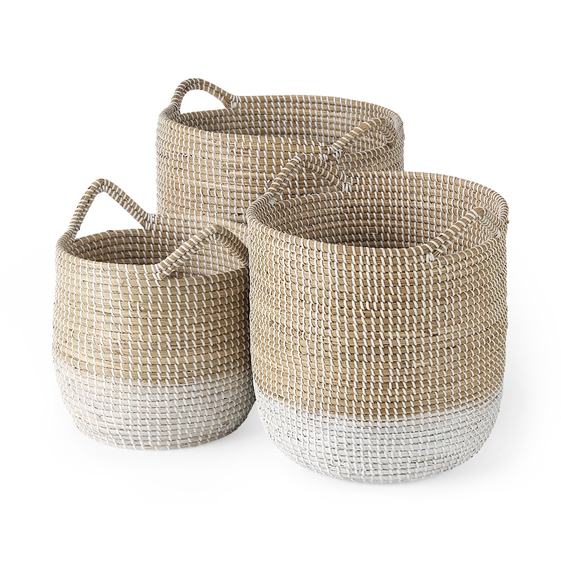 Maddie 13.8L x 13.8W X 15.0H (Set of 3) Light Brown W/White Dipped Seagrass Round Basket W/ Handles - Central Designs