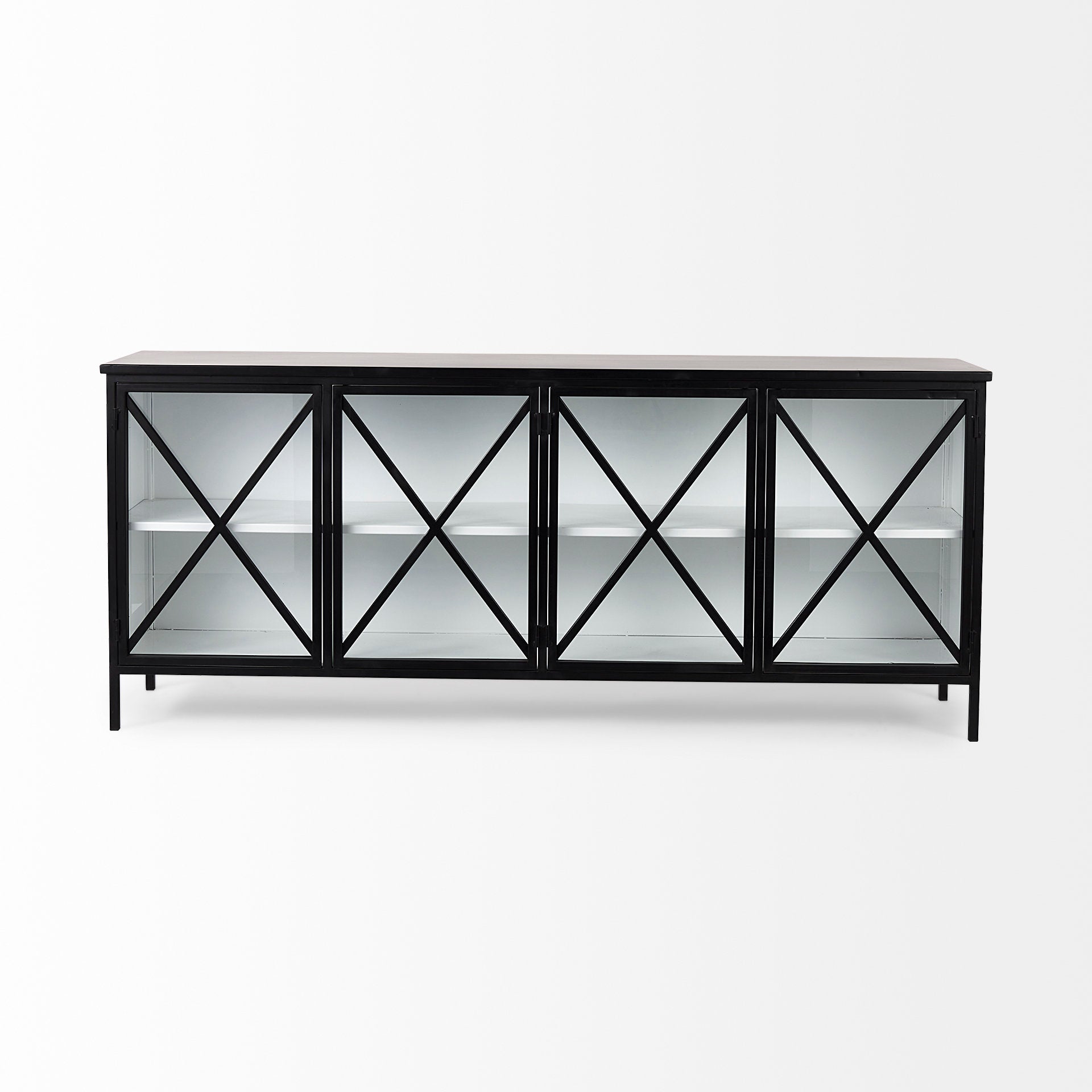 Aurelia 79.0L x 16.0W x 33.0H Black and White Metal Four Door Glass Cabinet - Central Designs