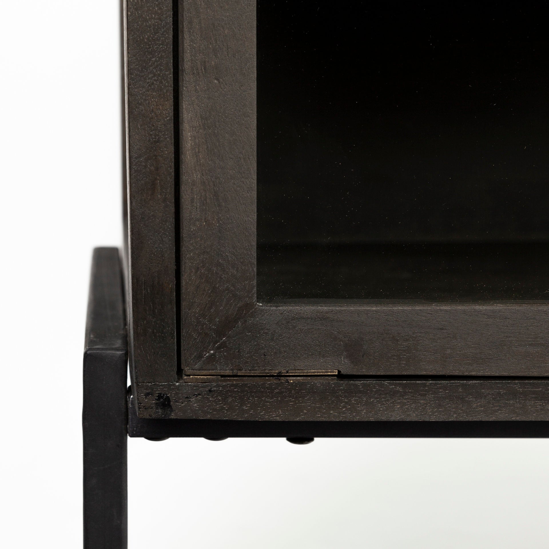 Arelius 36L x 18W Black - Brown Wood, Black Metal Base w/ 2 Glass Doors Accent Cabinet - Central Designs