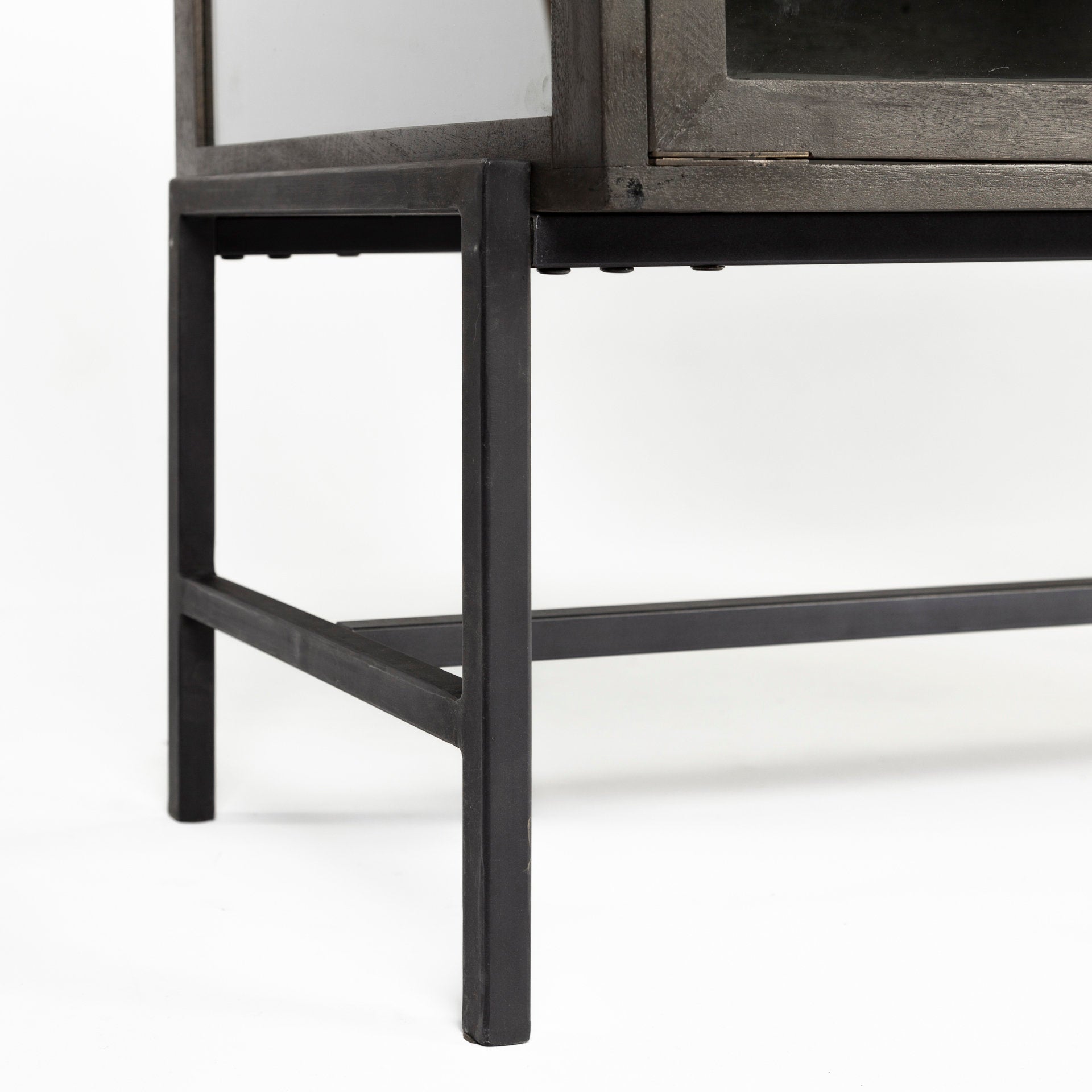 Arelius 36L x 18W Black - Brown Wood, Black Metal Base w/ 2 Glass Doors Accent Cabinet - Central Designs