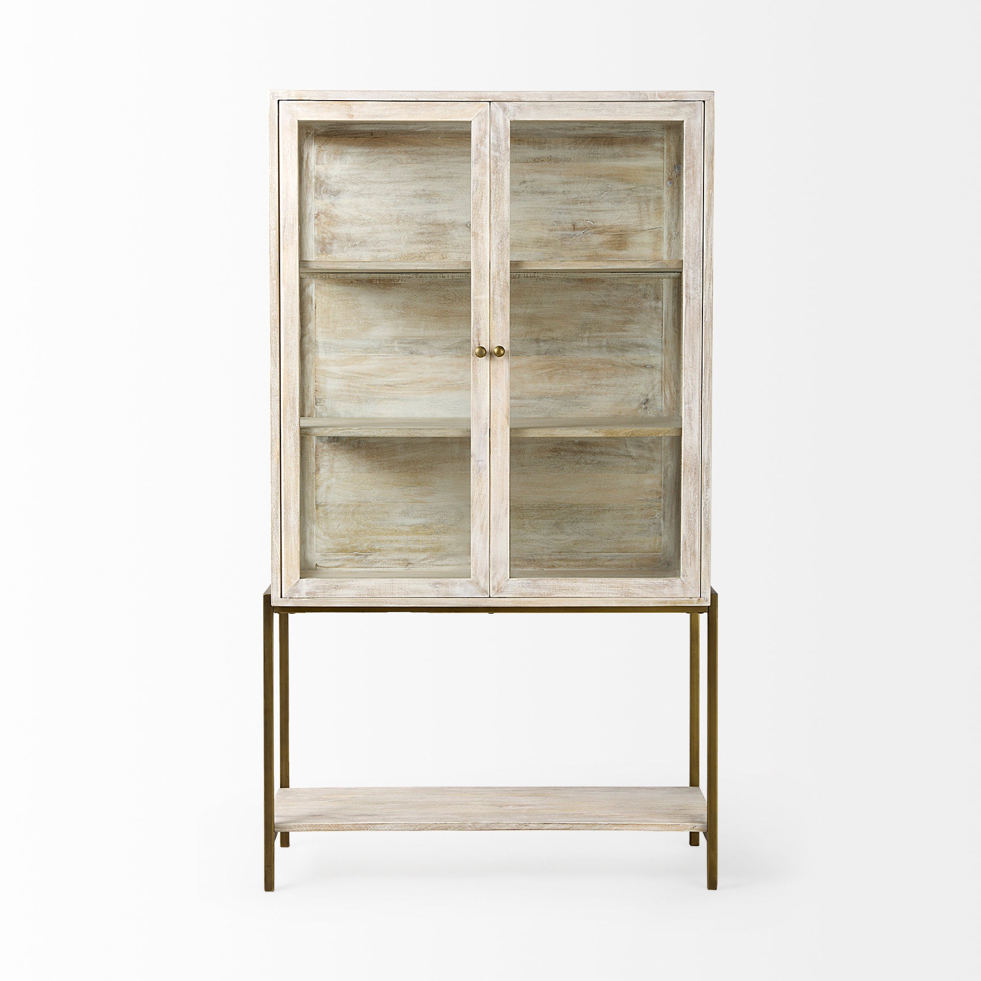 Arelius 36L x 18.75W x 63H White Wood W/ Gold Metal Base Display Cabinet - Central Designs