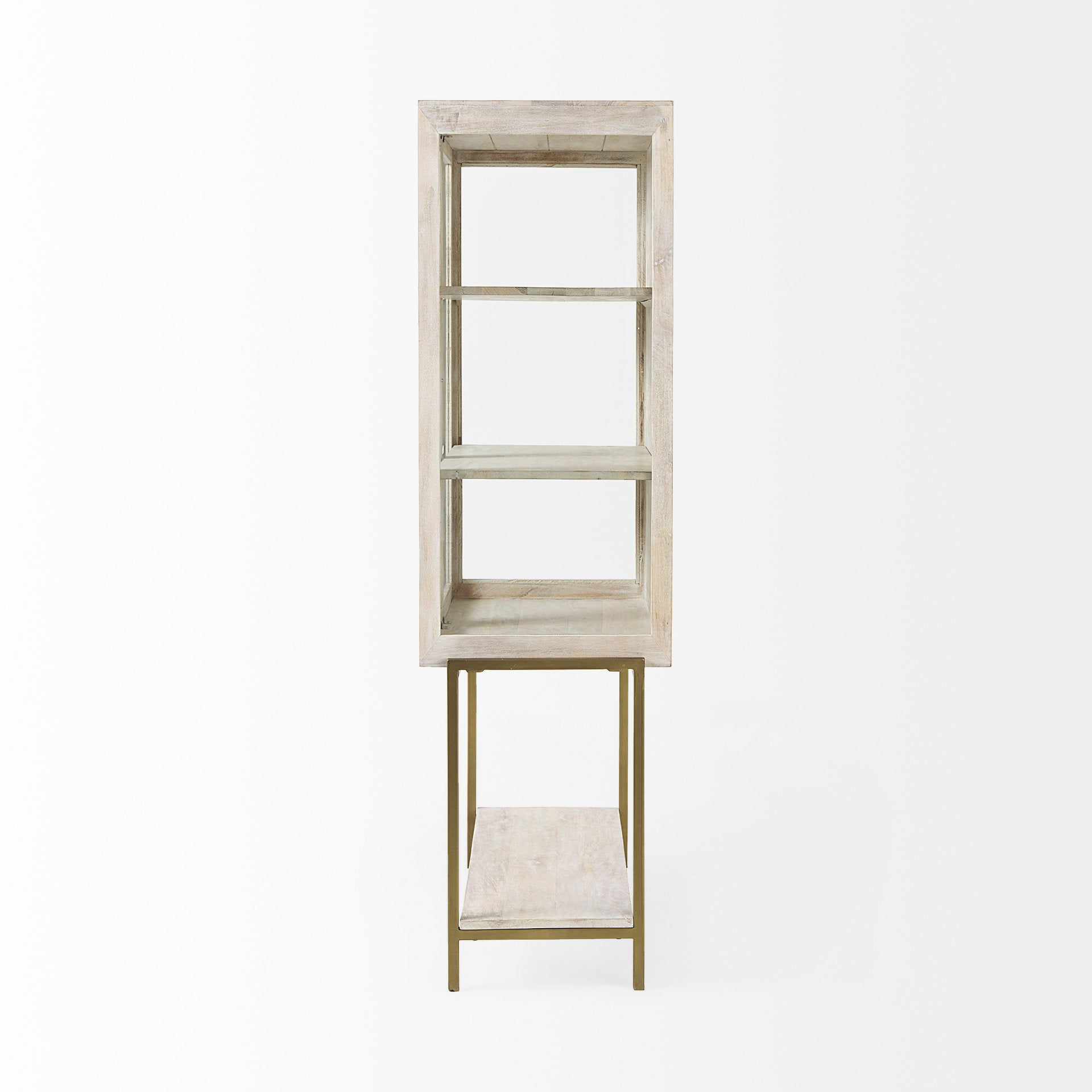 Arelius 36L x 18.75W x 63H White Wood W/ Gold Metal Base Display Cabinet - Central Designs