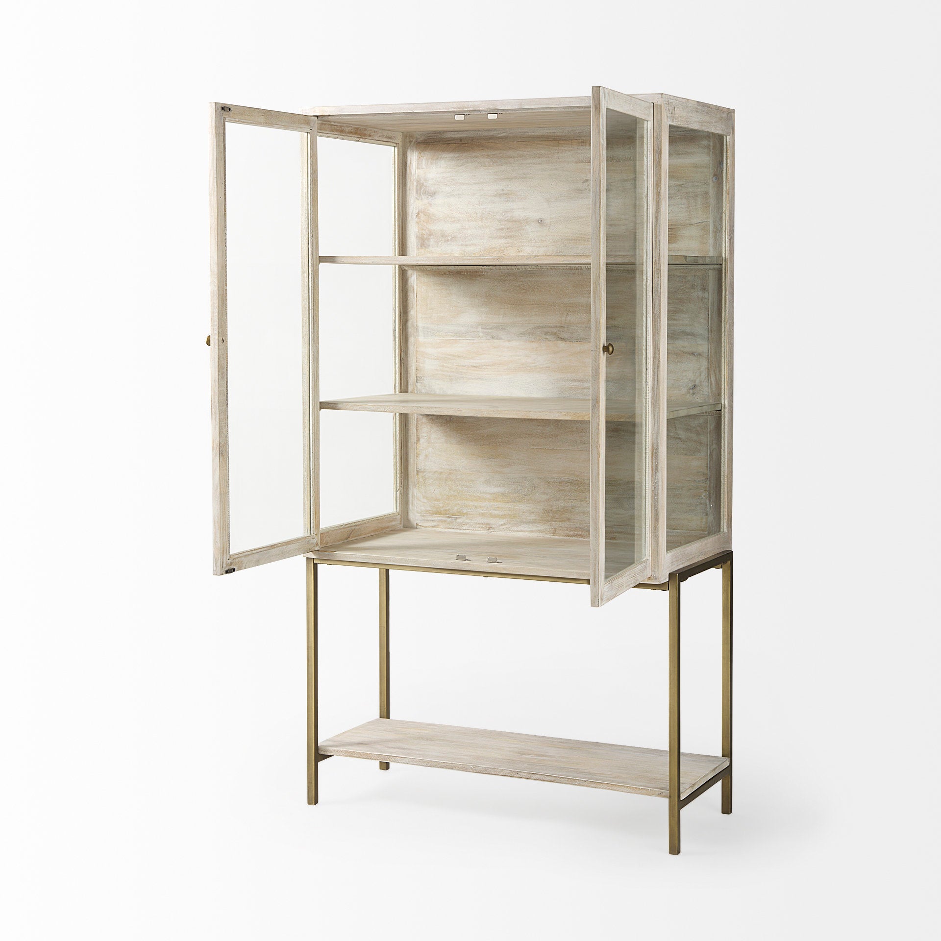 Arelius 36L x 18.75W x 63H White Wood W/ Gold Metal Base Display Cabinet - Central Designs