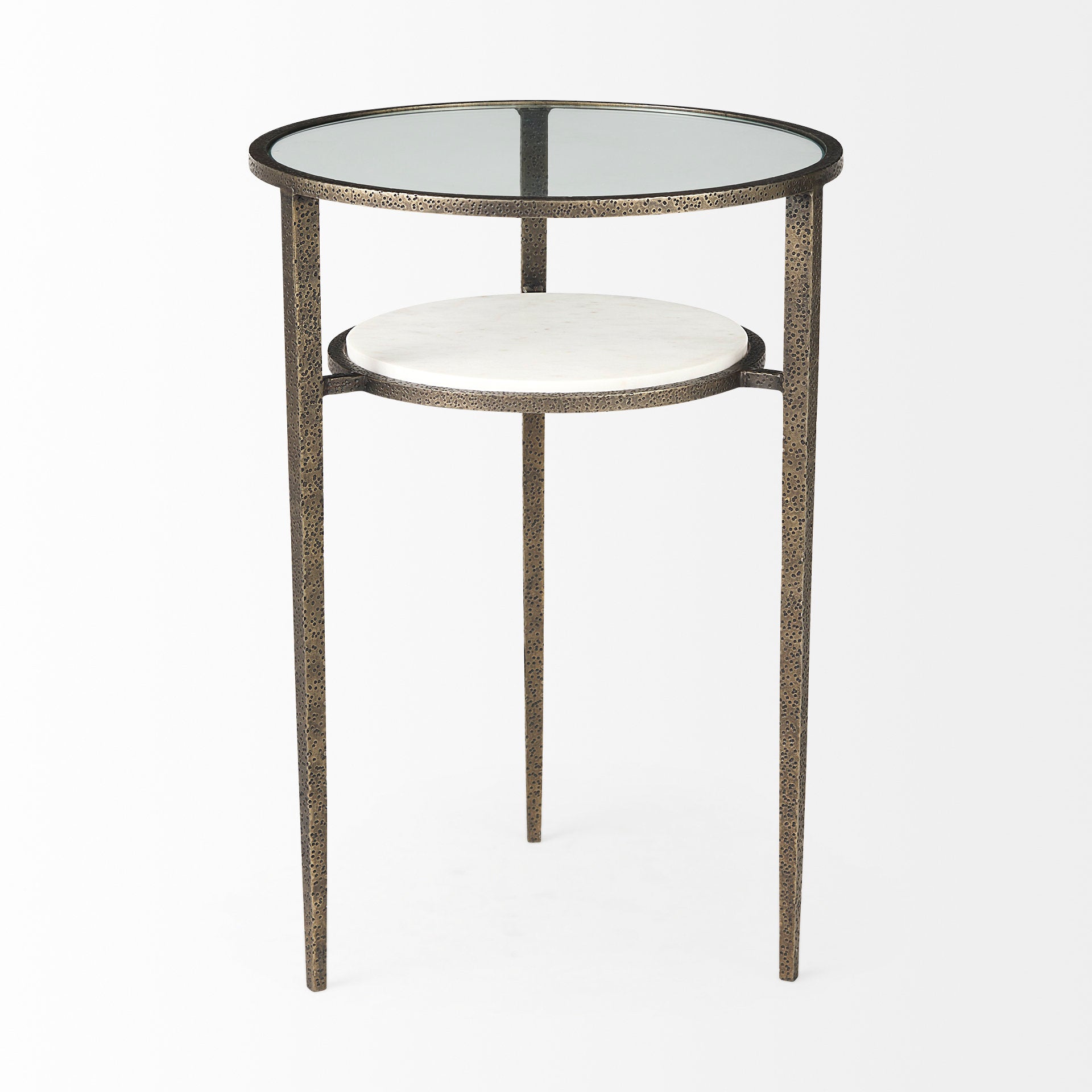 Felicity 15.8L X 15.8W X 22.5H Glass Top W/ White Marble Shelf and Antique Gold Base End/Side Table - Central Designs