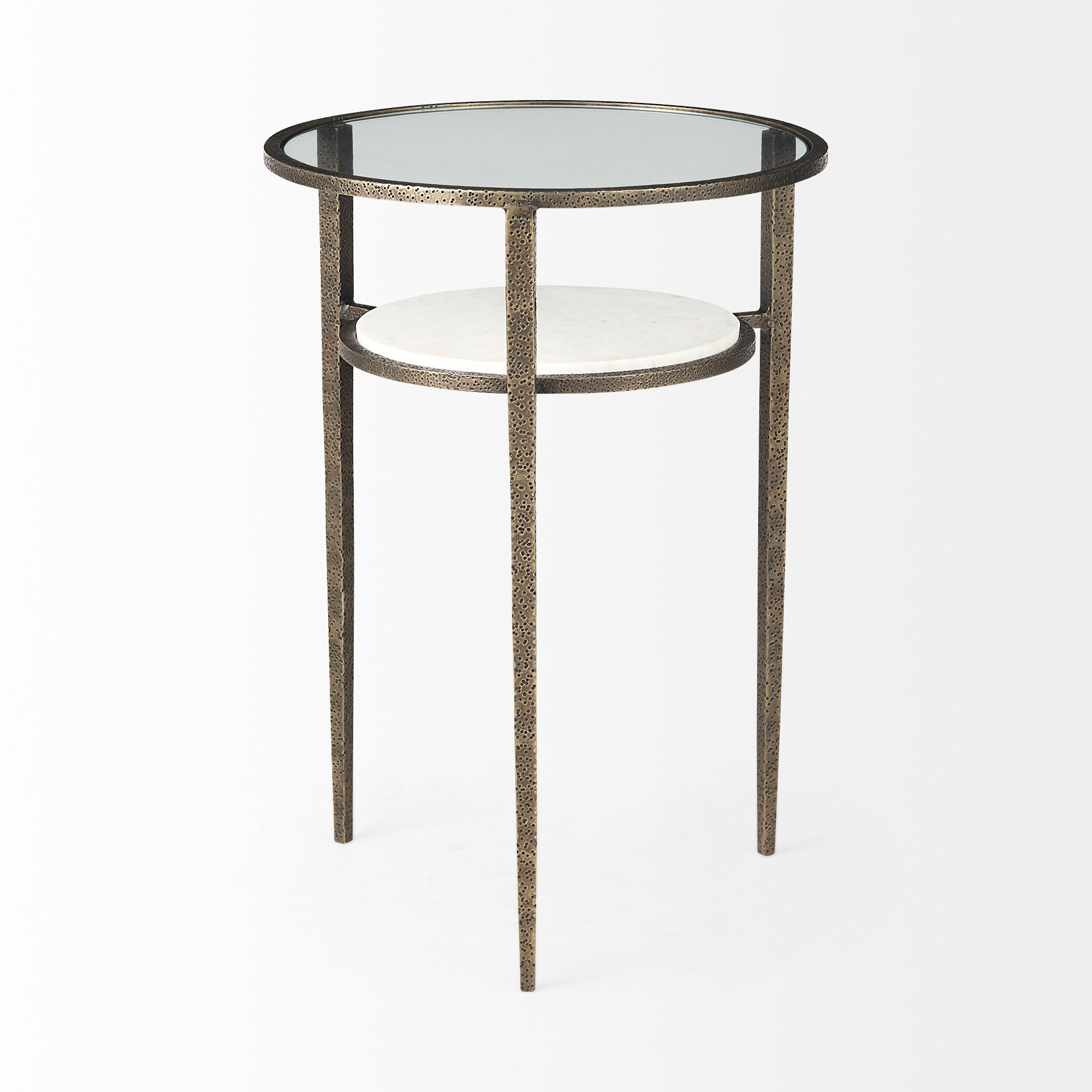 Felicity 15.8L X 15.8W X 22.5H Glass Top W/ White Marble Shelf and Antique Gold Base End/Side Table