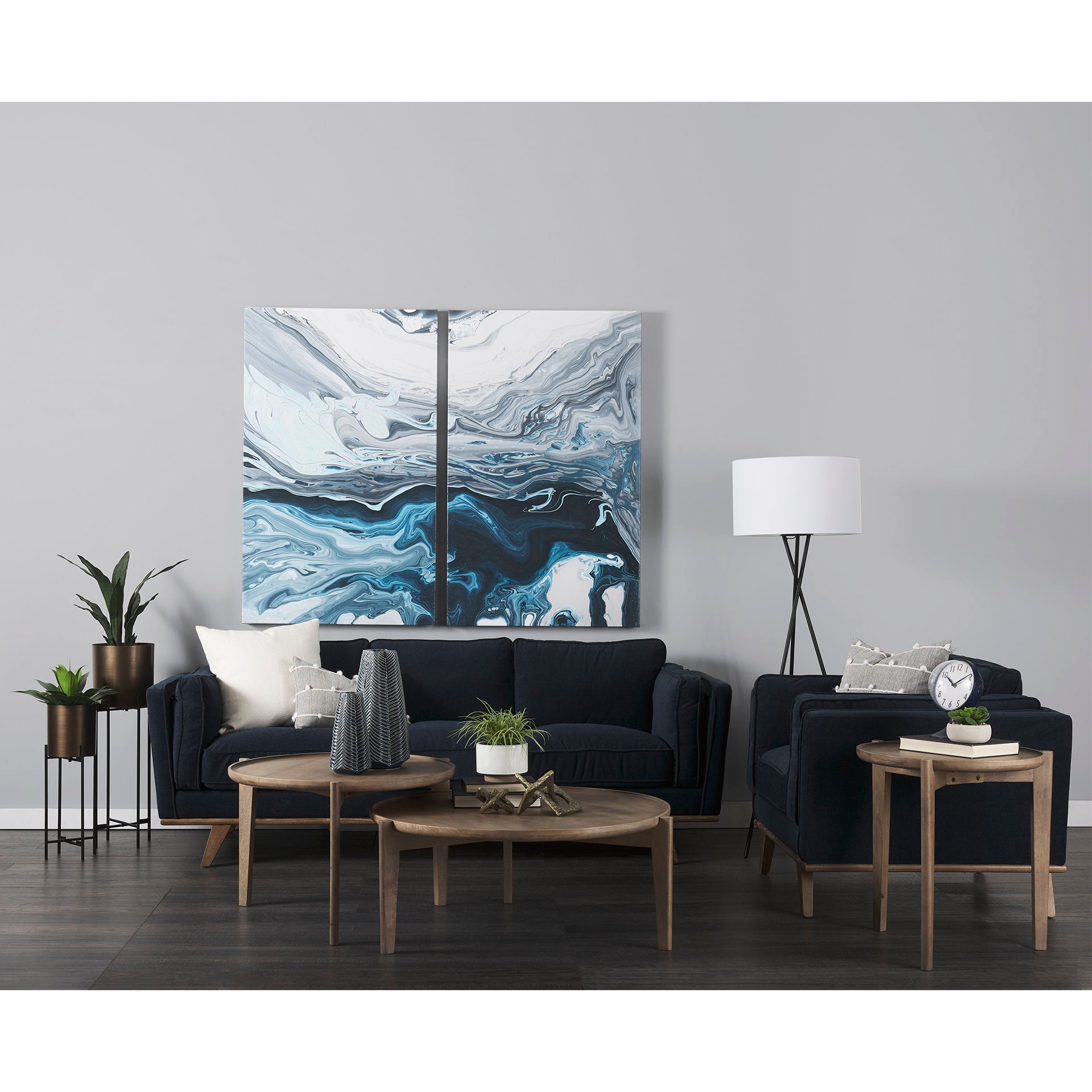 Brooks 90.2L x 34.8W x 33.5H Navy Blue Fabric Three Seater Sofa W/ Medium Brown Wooden Legs - Central Designs