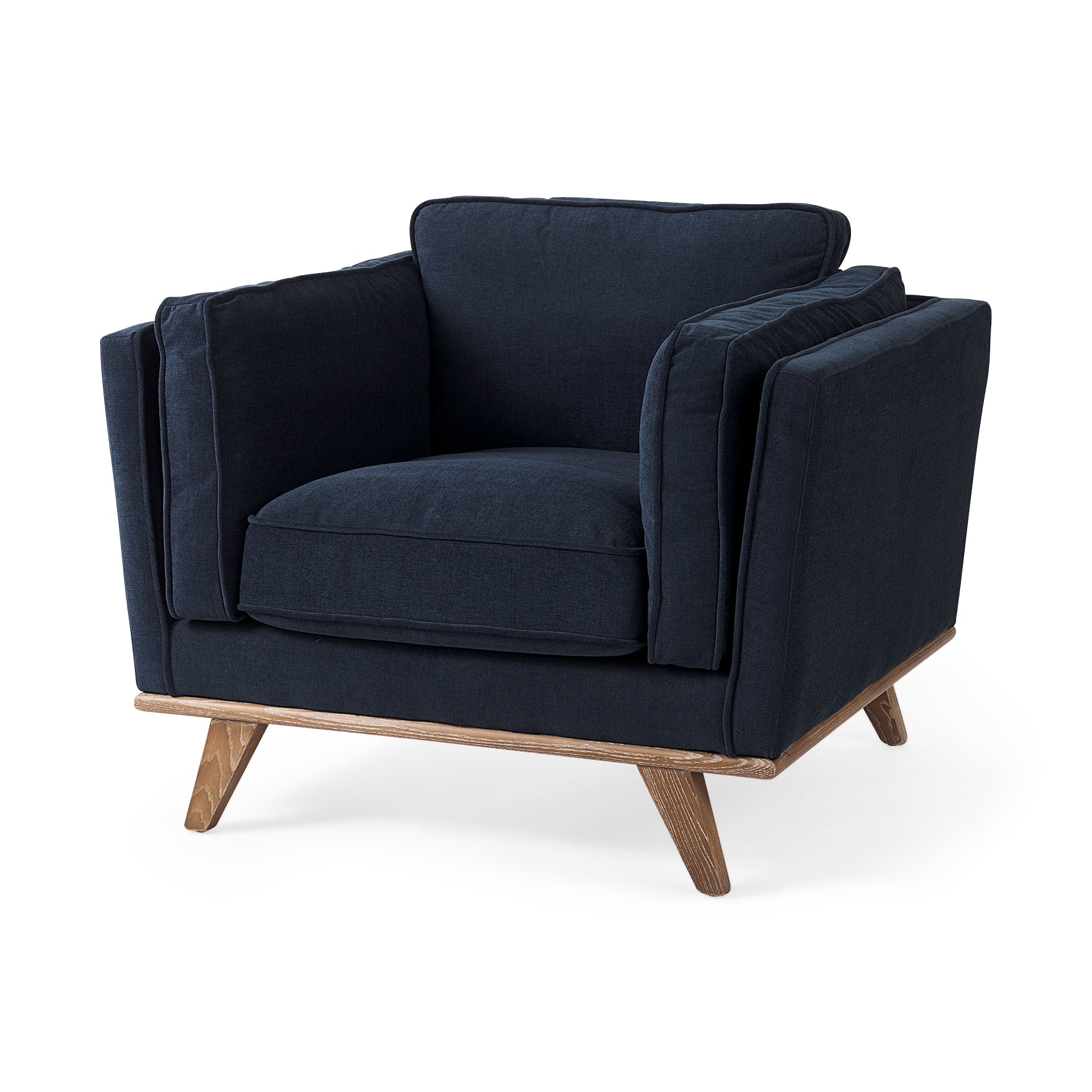 Brooks 41.7L x 34.8W x 33.5H Navy Blue Fabric Chair W/ Medium Brown Wooden Legs - Central Designs