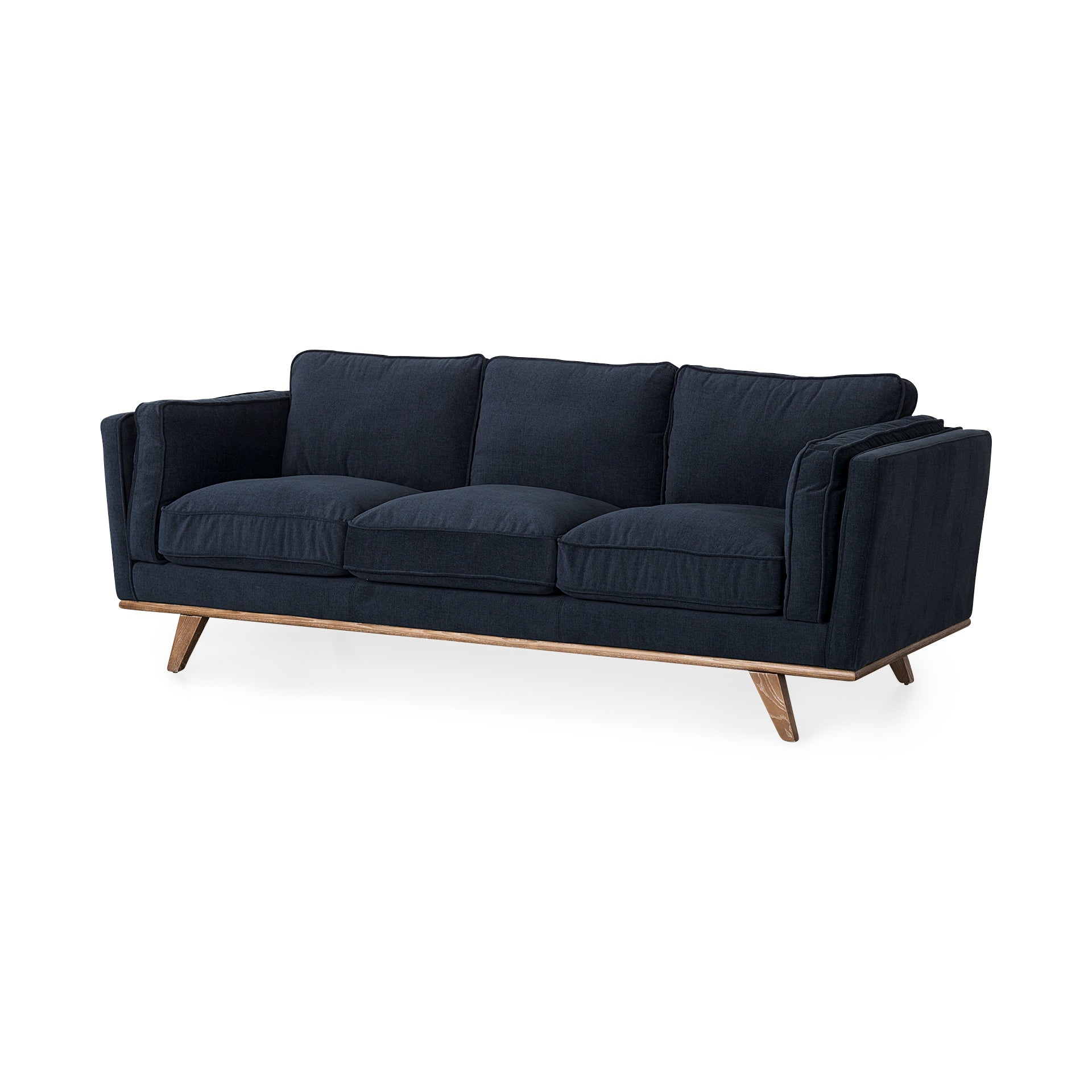 Brooks 90.2L x 34.8W x 33.5H Navy Blue Fabric Three Seater Sofa W/ Medium Brown Wooden Legs - Central Designs