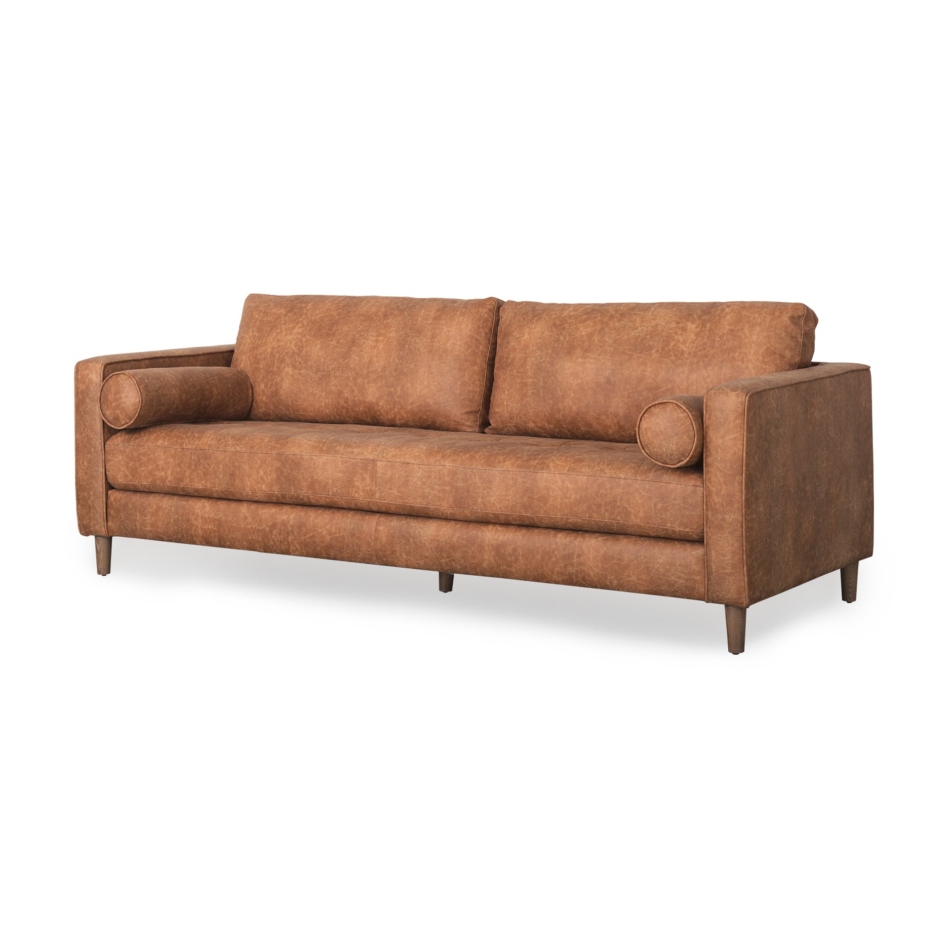 Loretta 88.0L x 36.2W x 33.9H Cognac Brown Faux Leather Three Seater Sofa with Two Bolster Cushions - Central Designs
