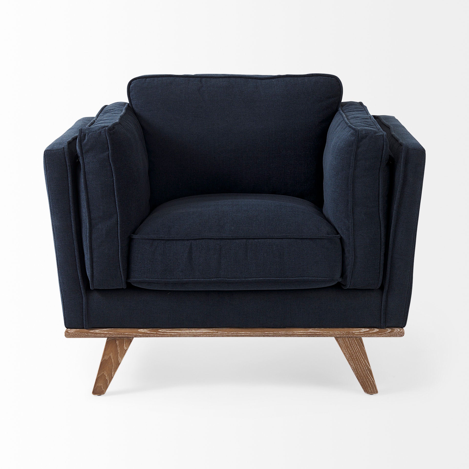 Brooks 41.7L x 34.8W x 33.5H Navy Blue Fabric Chair W/ Medium Brown Wooden Legs - Central Designs