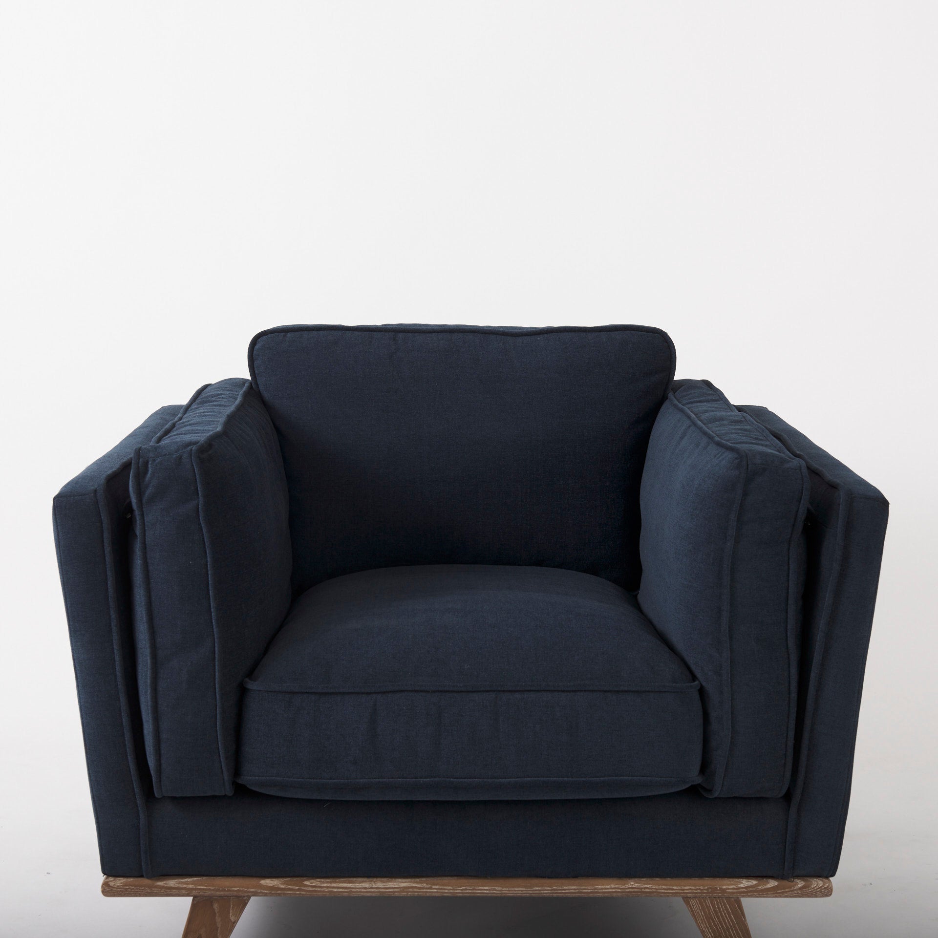 Brooks 41.7L x 34.8W x 33.5H Navy Blue Fabric Chair W/ Medium Brown Wooden Legs - Central Designs