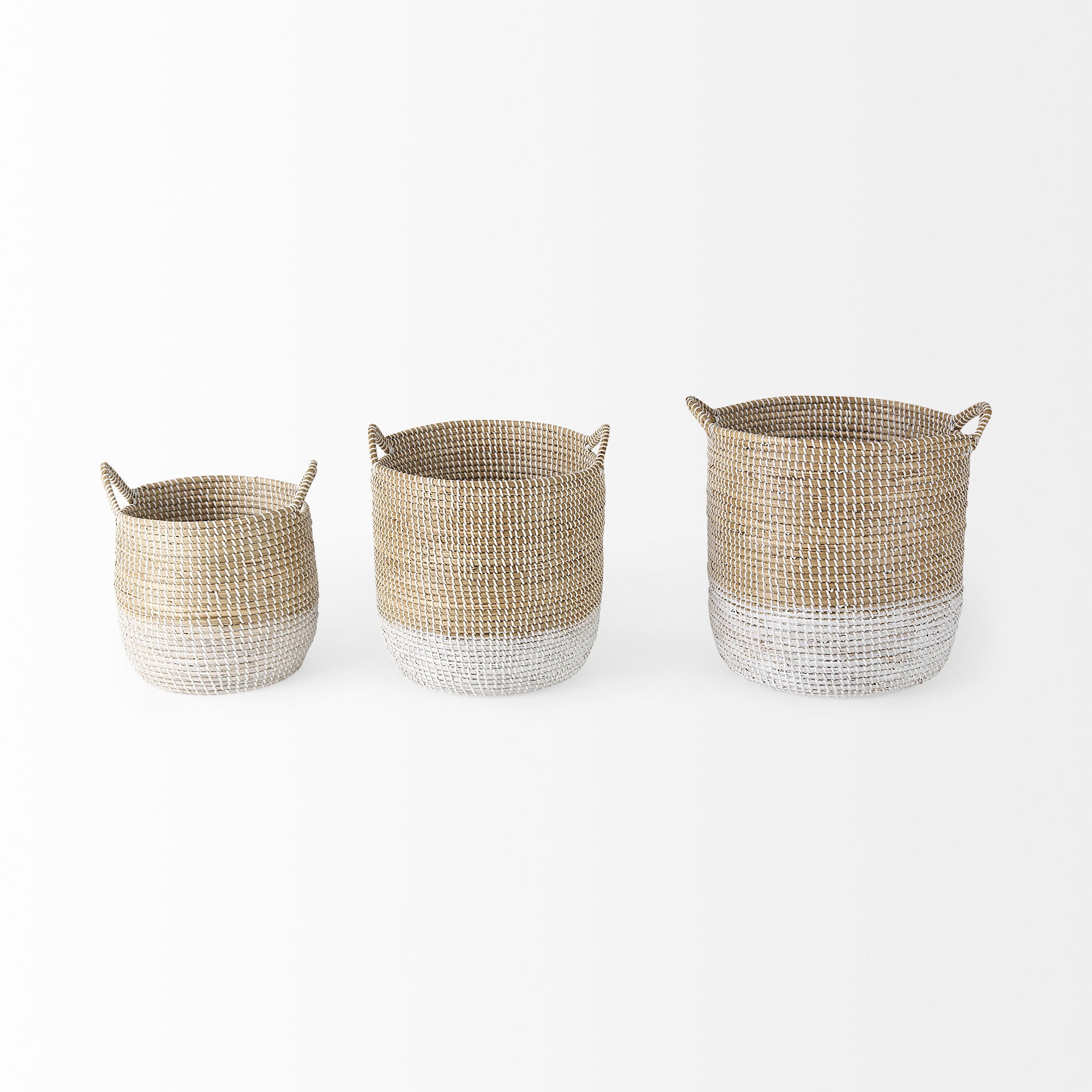 Maddie 13.8L x 13.8W X 15.0H (Set of 3) Light Brown W/White Dipped Seagrass Round Basket W/ Handles - Central Designs