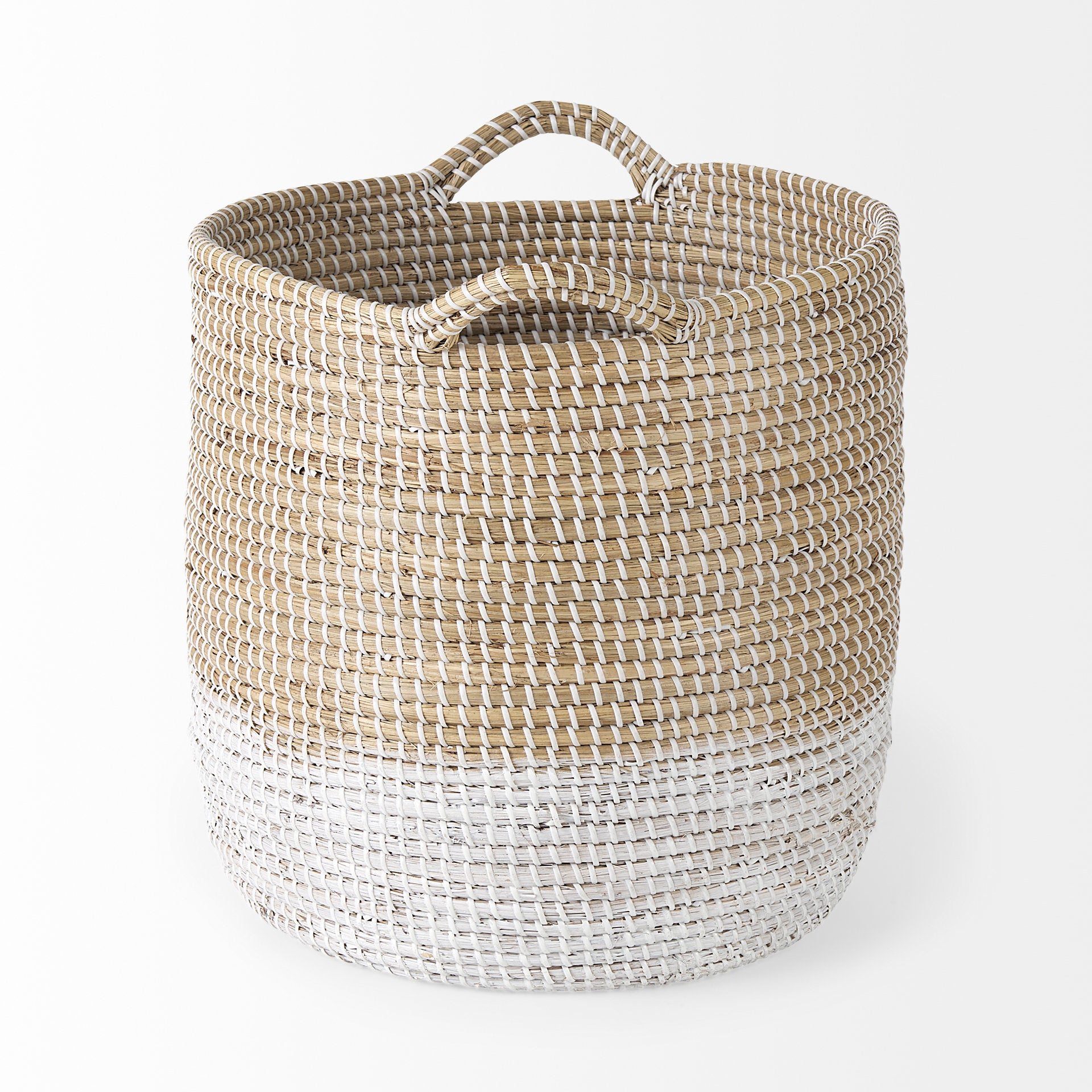 Maddie 13.8L x 13.8W X 15.0H (Set of 3) Light Brown W/White Dipped Seagrass Round Basket W/ Handles - Central Designs