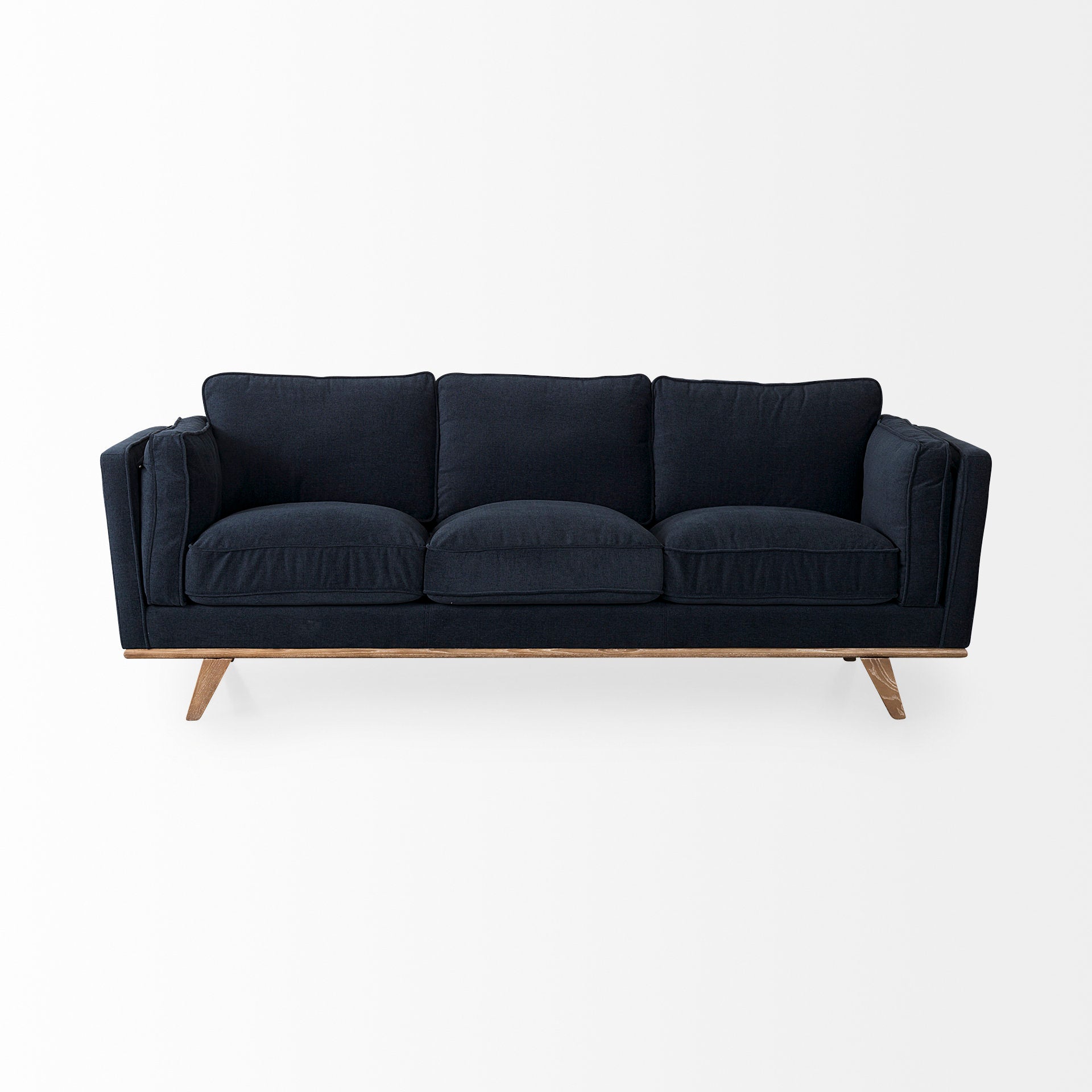 Brooks 90.2L x 34.8W x 33.5H Navy Blue Fabric Three Seater Sofa W/ Medium Brown Wooden Legs - Central Designs