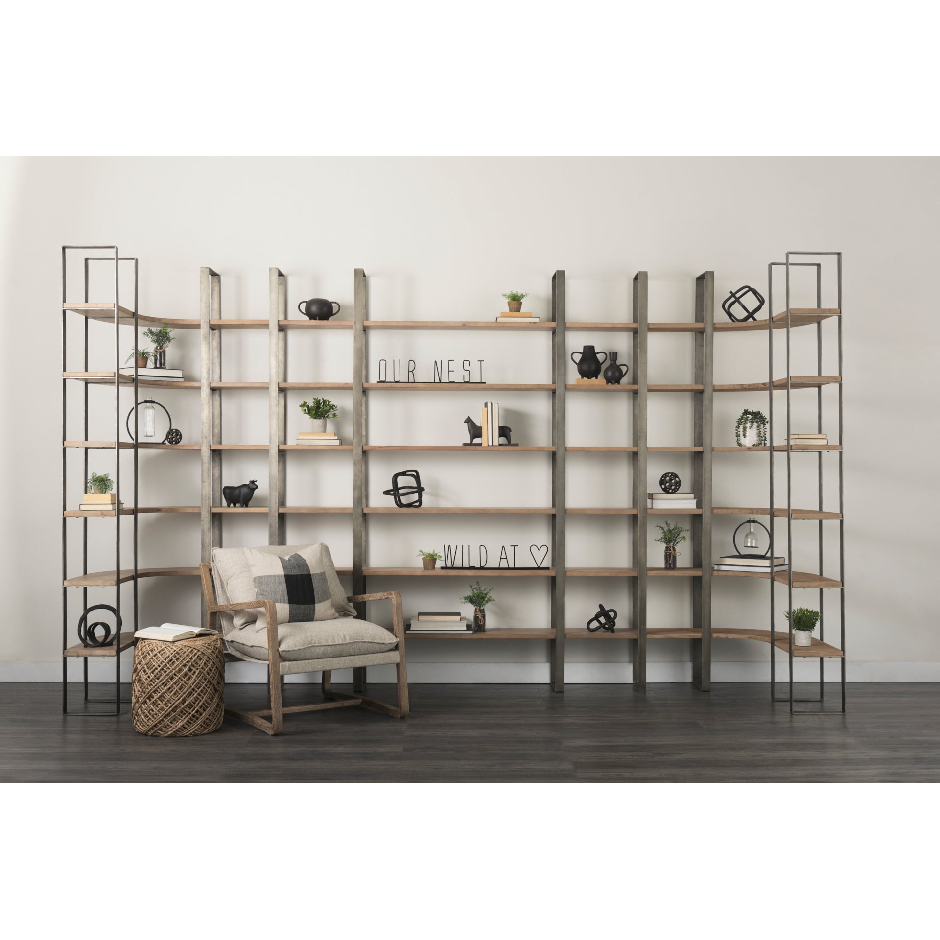Taunton 80L x 10.5W x 90H Medium Brown Wood W/ Antique Nickel Metal Frame 6 Tier Shelving Unit - Central Designs