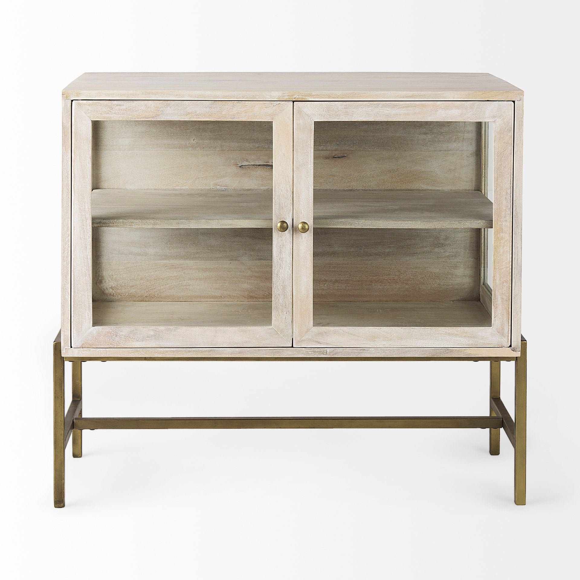 Arelius 36L x 18W x 32H White Wood, Gold Metal Base w/ 2 Glass Doors Accent Cabinet - Central Designs