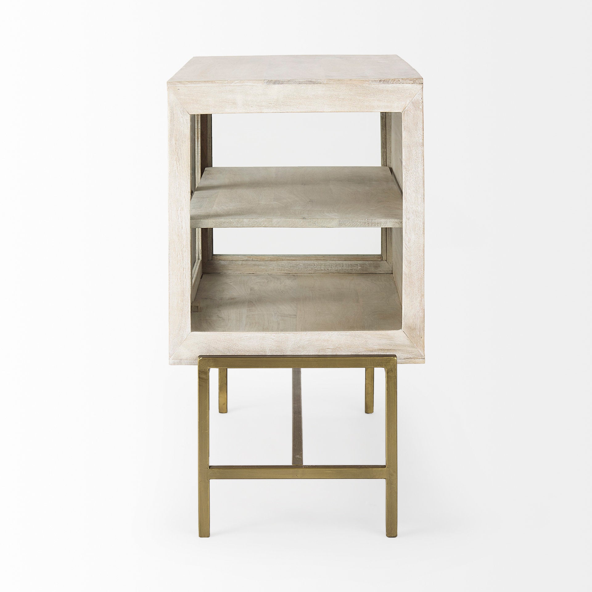 Arelius 36L x 18W x 32H White Wood, Gold Metal Base w/ 2 Glass Doors Accent Cabinet - Central Designs