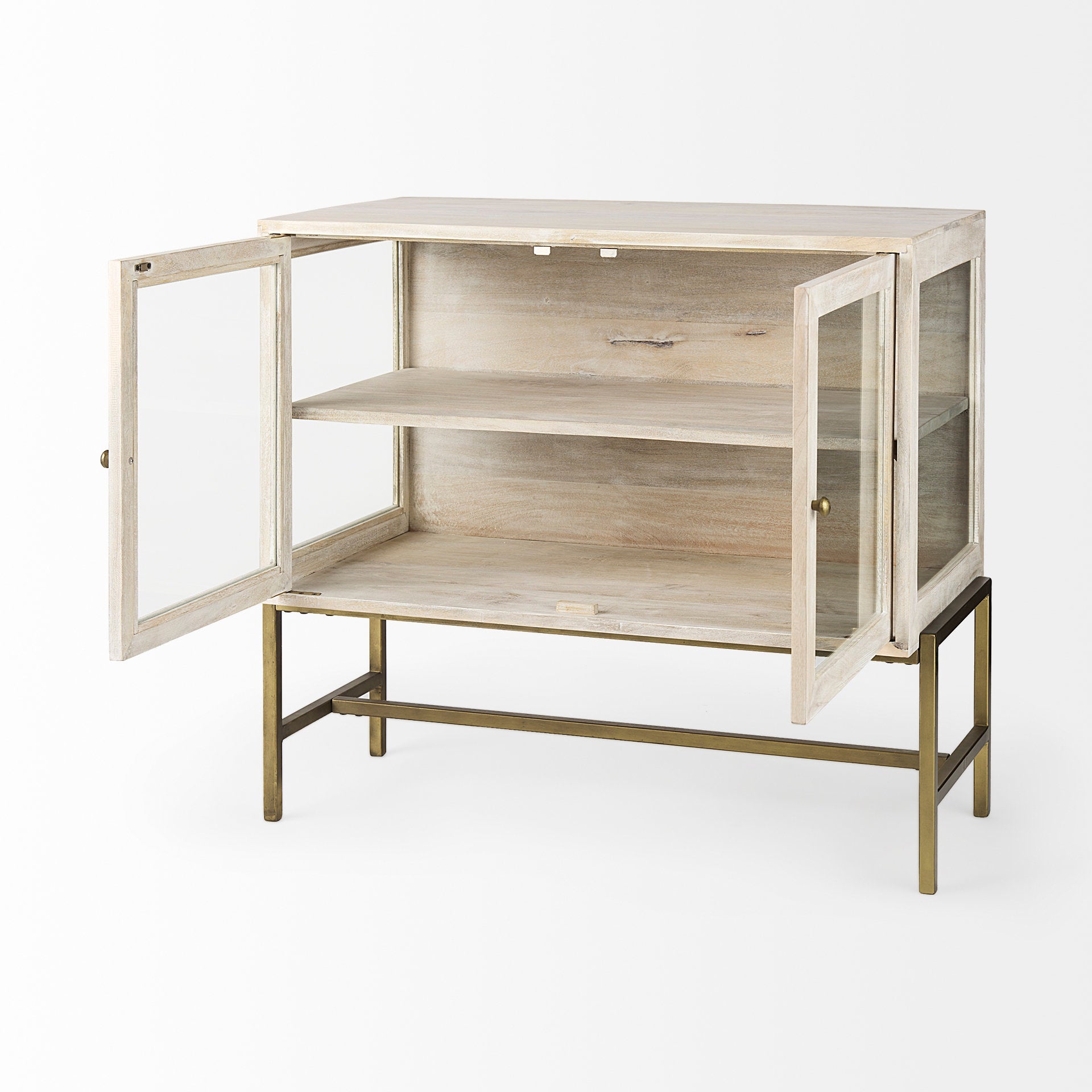Arelius 36L x 18W x 32H White Wood, Gold Metal Base w/ 2 Glass Doors Accent Cabinet - Central Designs