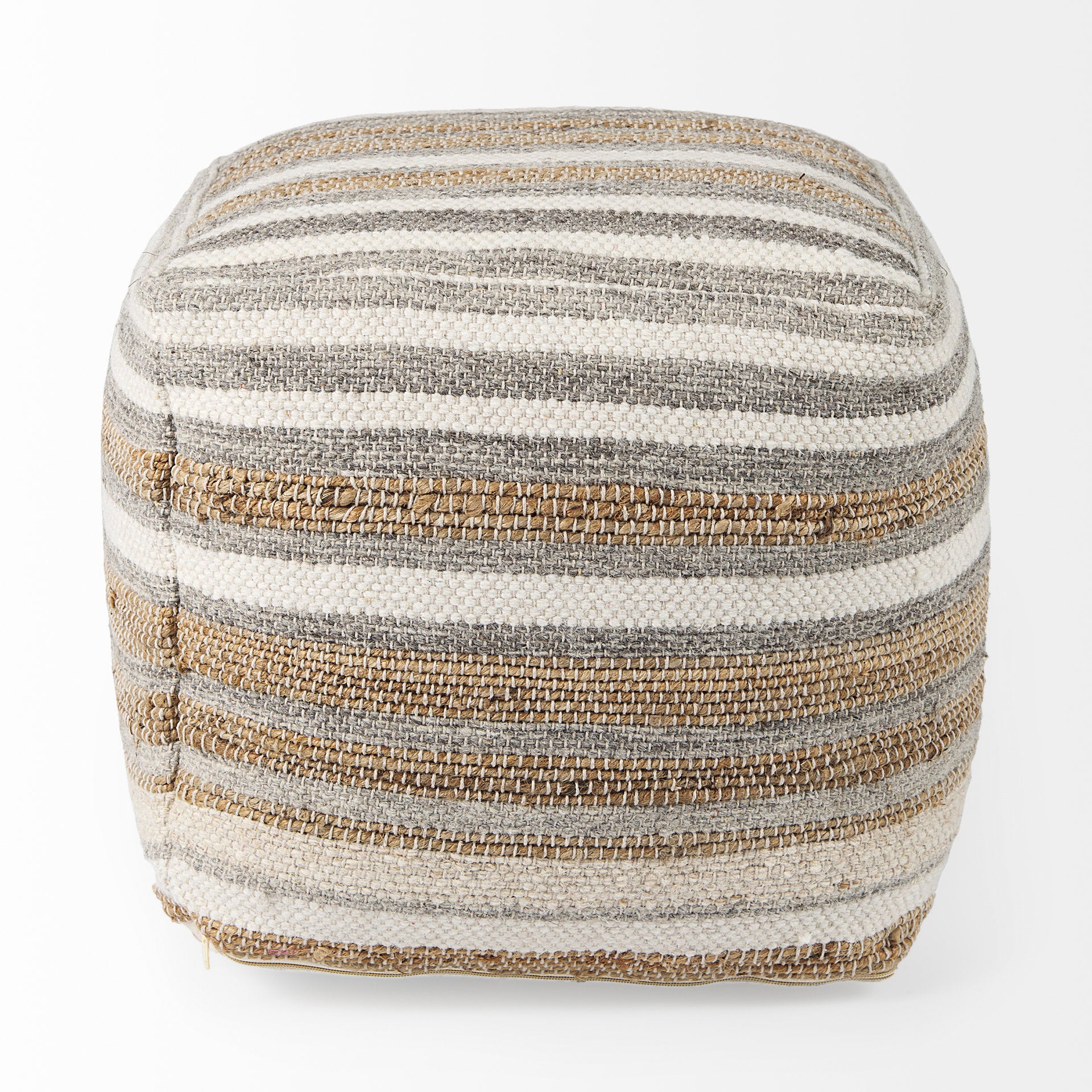 Aahana 16.0L x 16.0W x 16.0H White/Taupe/Gray Striped Hemp and Cotton Pouf - Central Designs