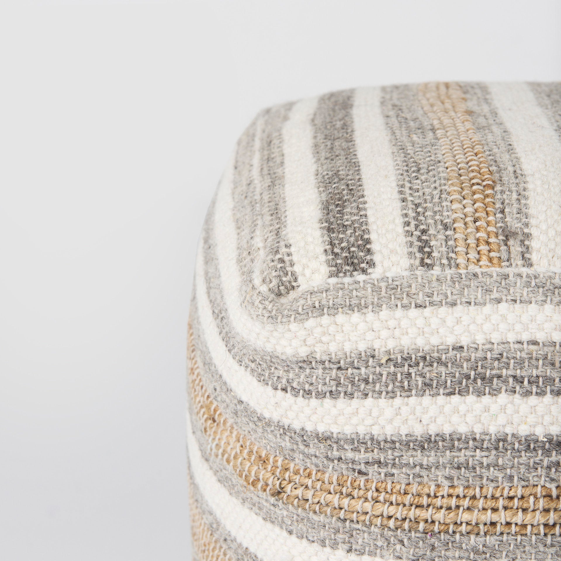 Aahana 16.0L x 16.0W x 16.0H White/Taupe/Gray Striped Hemp and Cotton Pouf - Central Designs