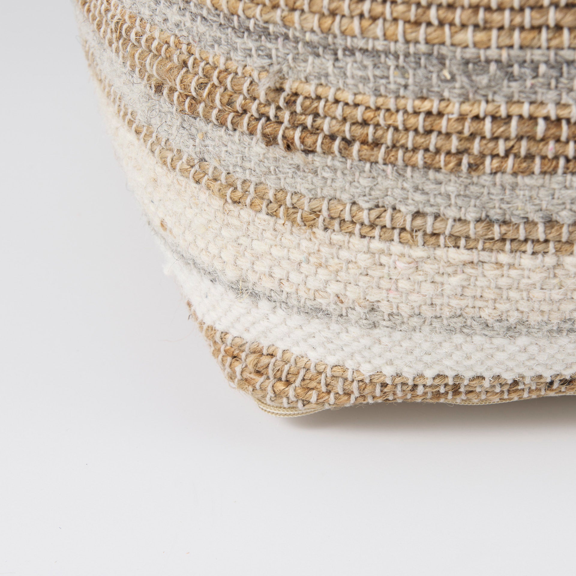 Aahana 16.0L x 16.0W x 16.0H White/Taupe/Gray Striped Hemp and Cotton Pouf - Central Designs