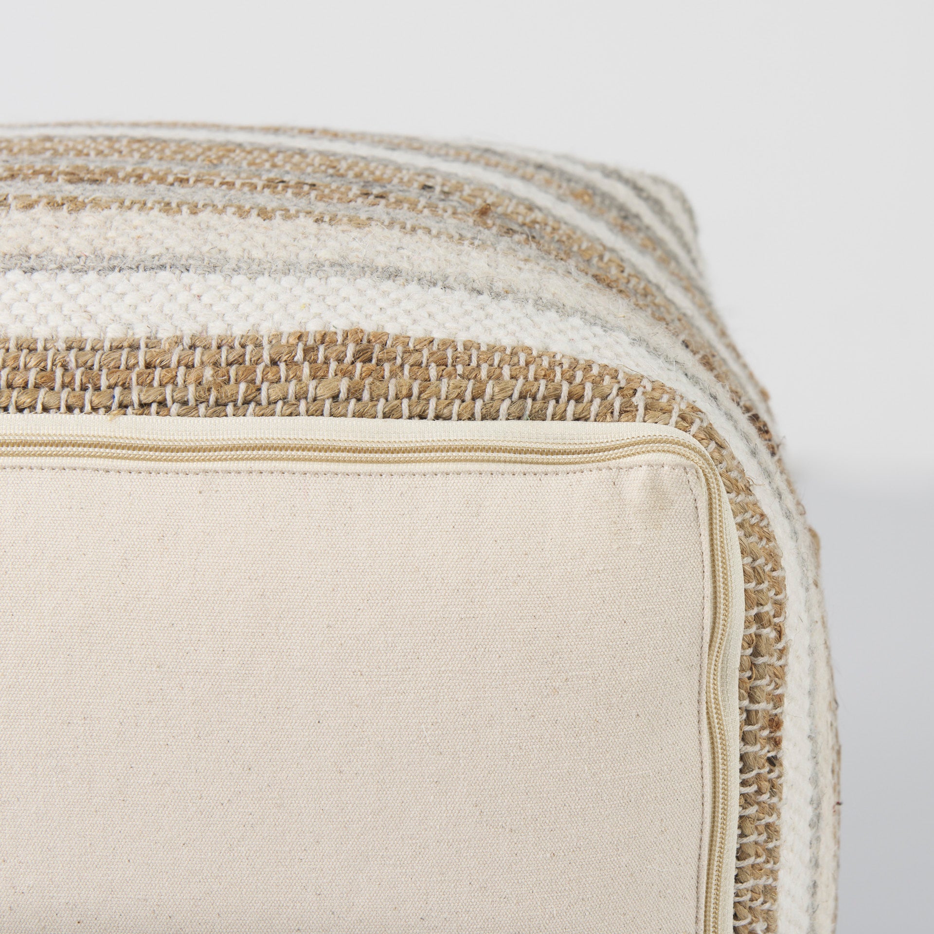 Aahana 16.0L x 16.0W x 16.0H White/Taupe/Gray Striped Hemp and Cotton Pouf - Central Designs