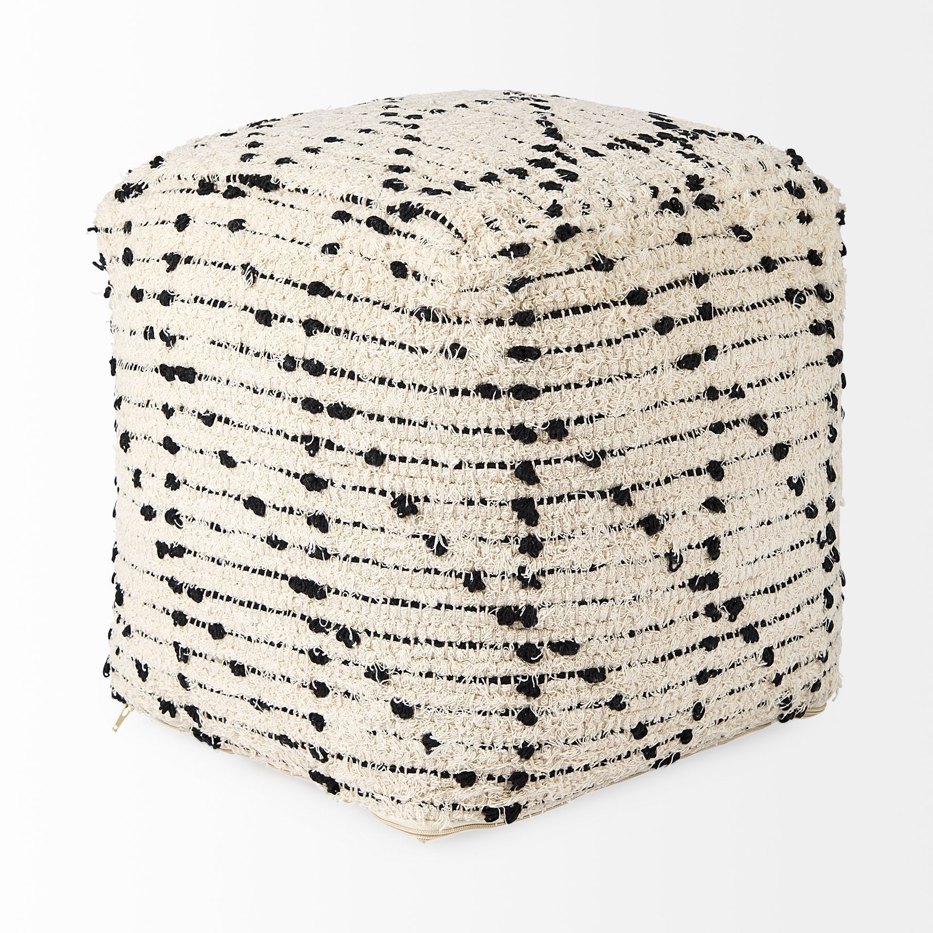 Aarohi 16.0L x 16.0W x 16.0H Cream/Black Cotton Patterned Pouf - Central Designs