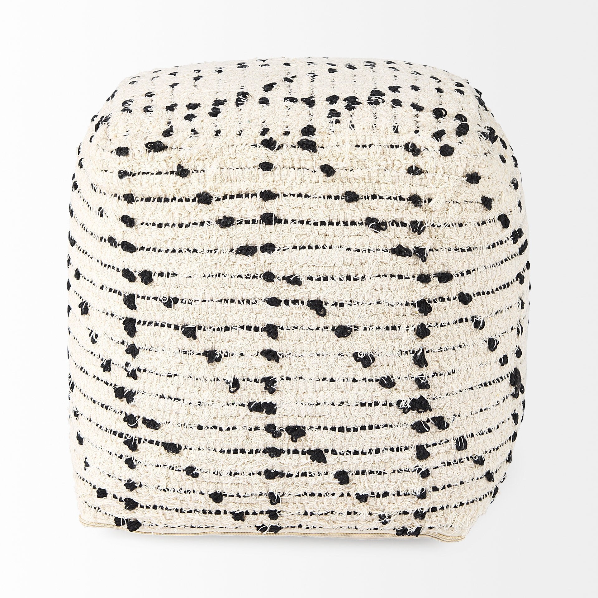 Aarohi 16.0L x 16.0W x 16.0H Cream/Black Cotton Patterned Pouf - Central Designs