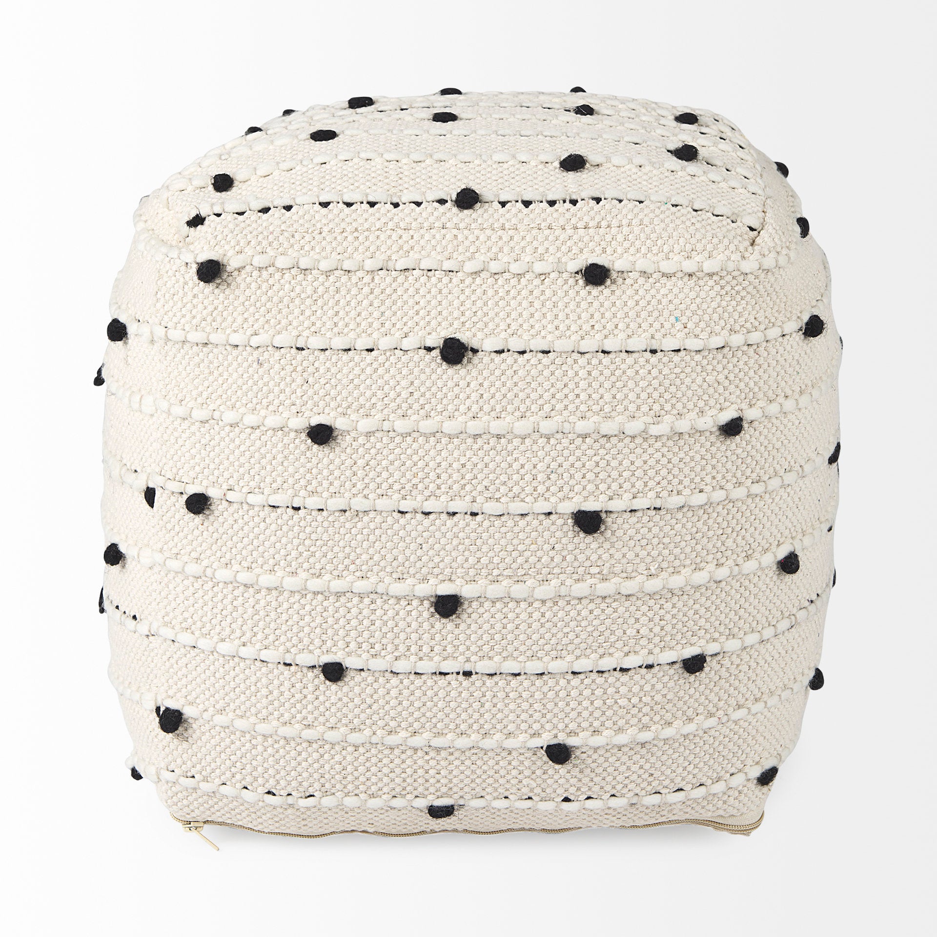 Amaira 16.0L x 16.0W x 16.0H Cream/Black/White patterned Wool and Cotton Pouf - Central Designs