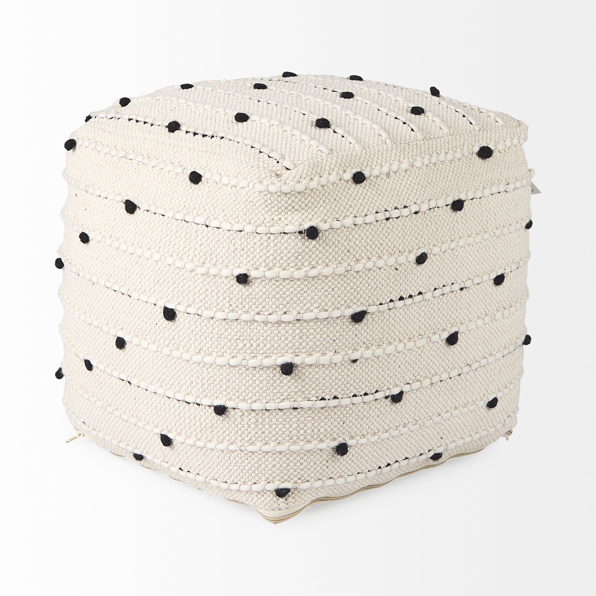 Amaira 16.0L x 16.0W x 16.0H Cream/Black/White patterned Wool and Cotton Pouf - Central Designs