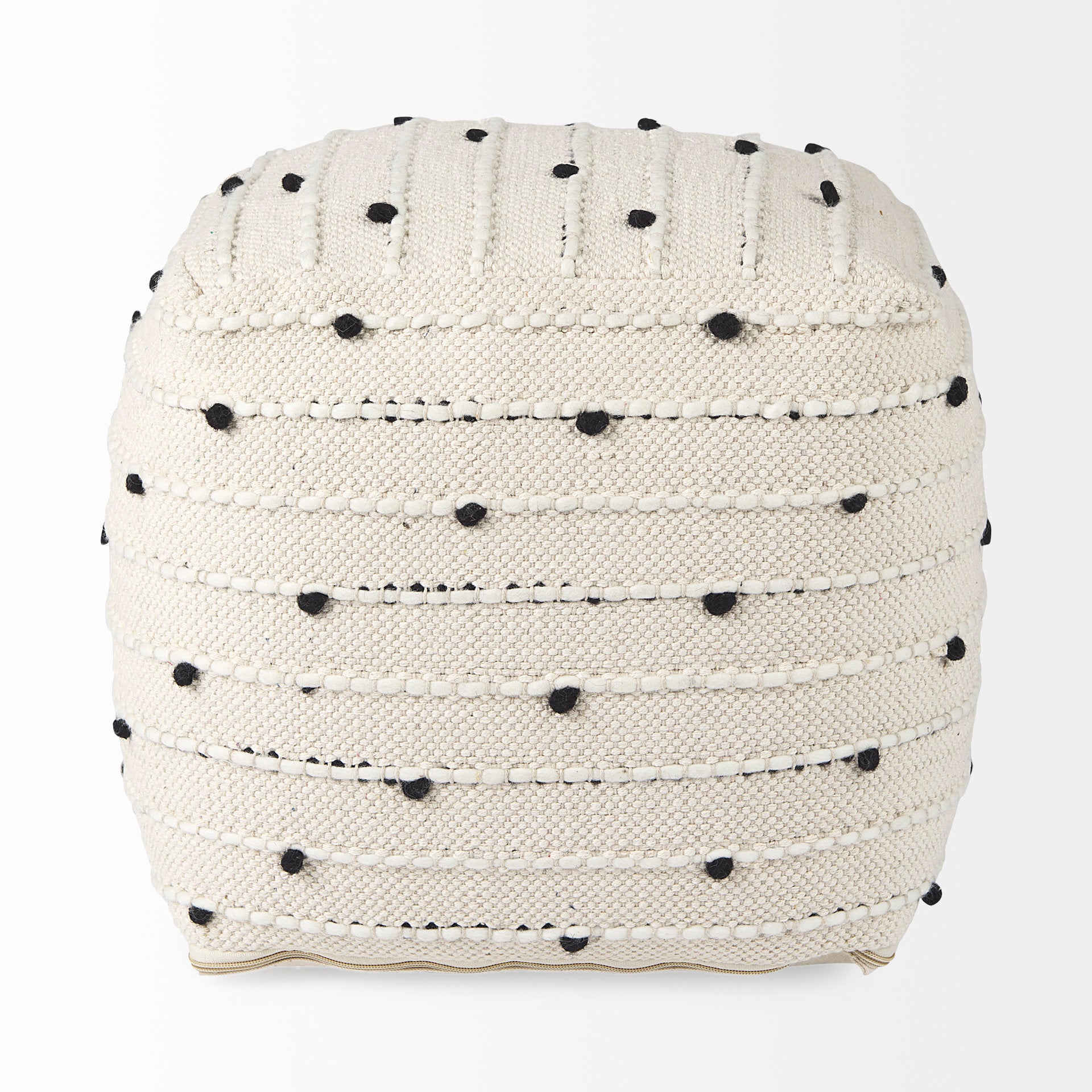 Amaira 16.0L x 16.0W x 16.0H Cream/Black/White patterned Wool and Cotton Pouf - Central Designs