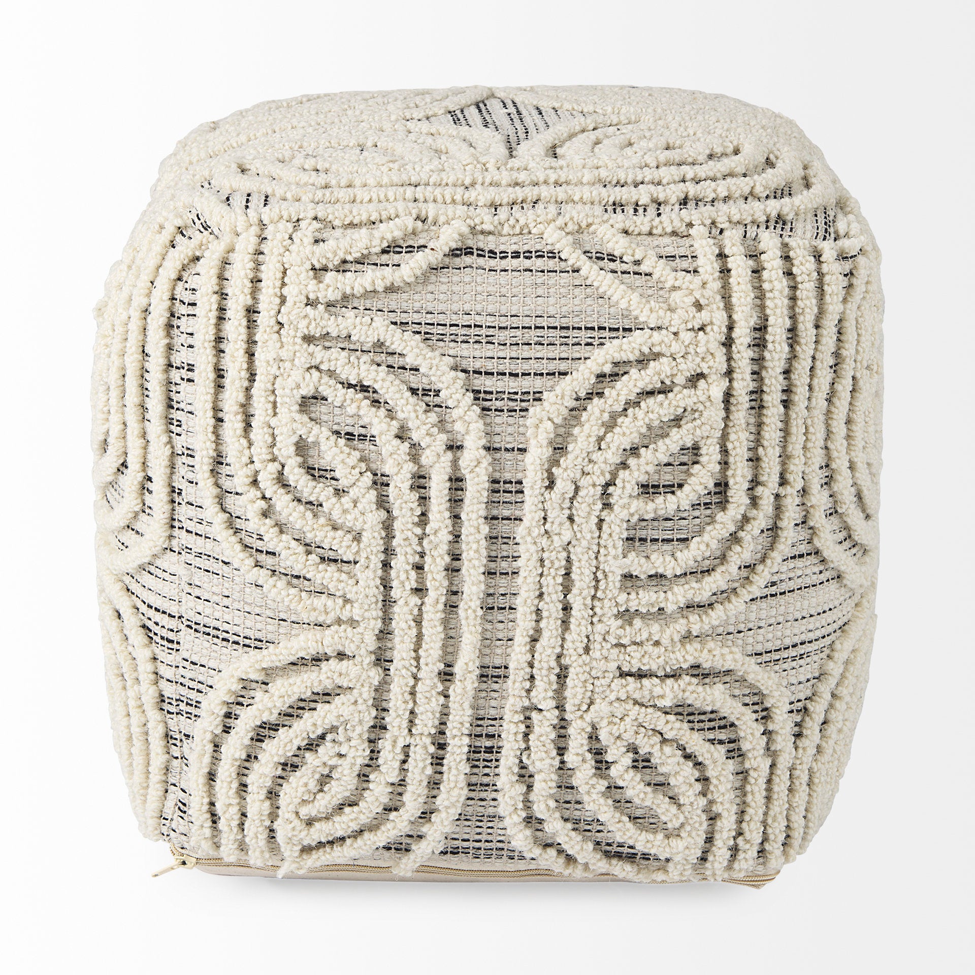 Amaya 16.0L x 16.0W x 16.0H Cream/Black/Gray Wool and Cotton Pouf - Central Designs