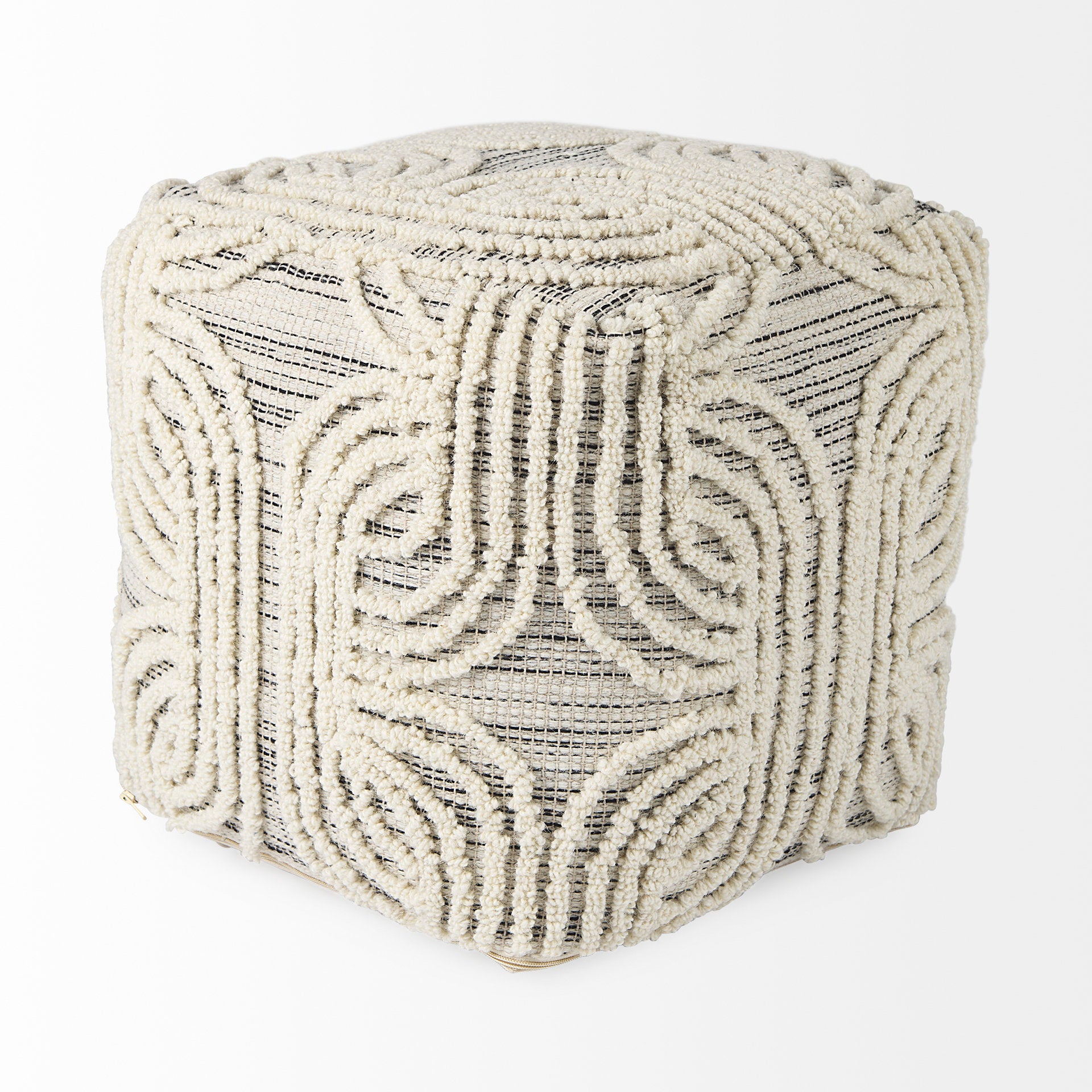 Amaya 16.0L x 16.0W x 16.0H Cream/Black/Gray Wool and Cotton Pouf - Central Designs