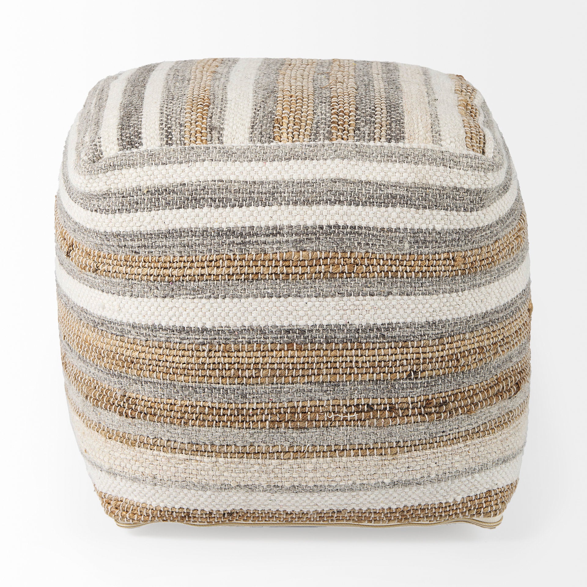 Aahana 16.0L x 16.0W x 16.0H White/Taupe/Gray Striped Hemp and Cotton Pouf - Central Designs