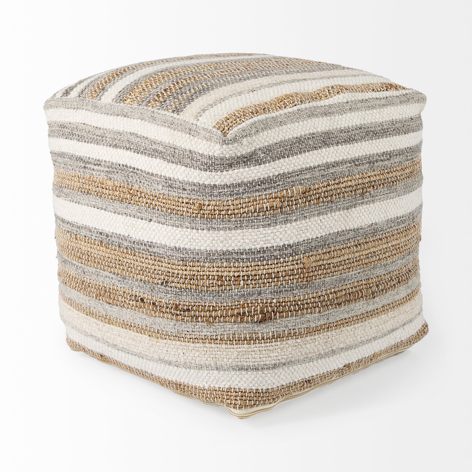 Aahana 16.0L x 16.0W x 16.0H White/Taupe/Gray Striped Hemp and Cotton Pouf - Central Designs