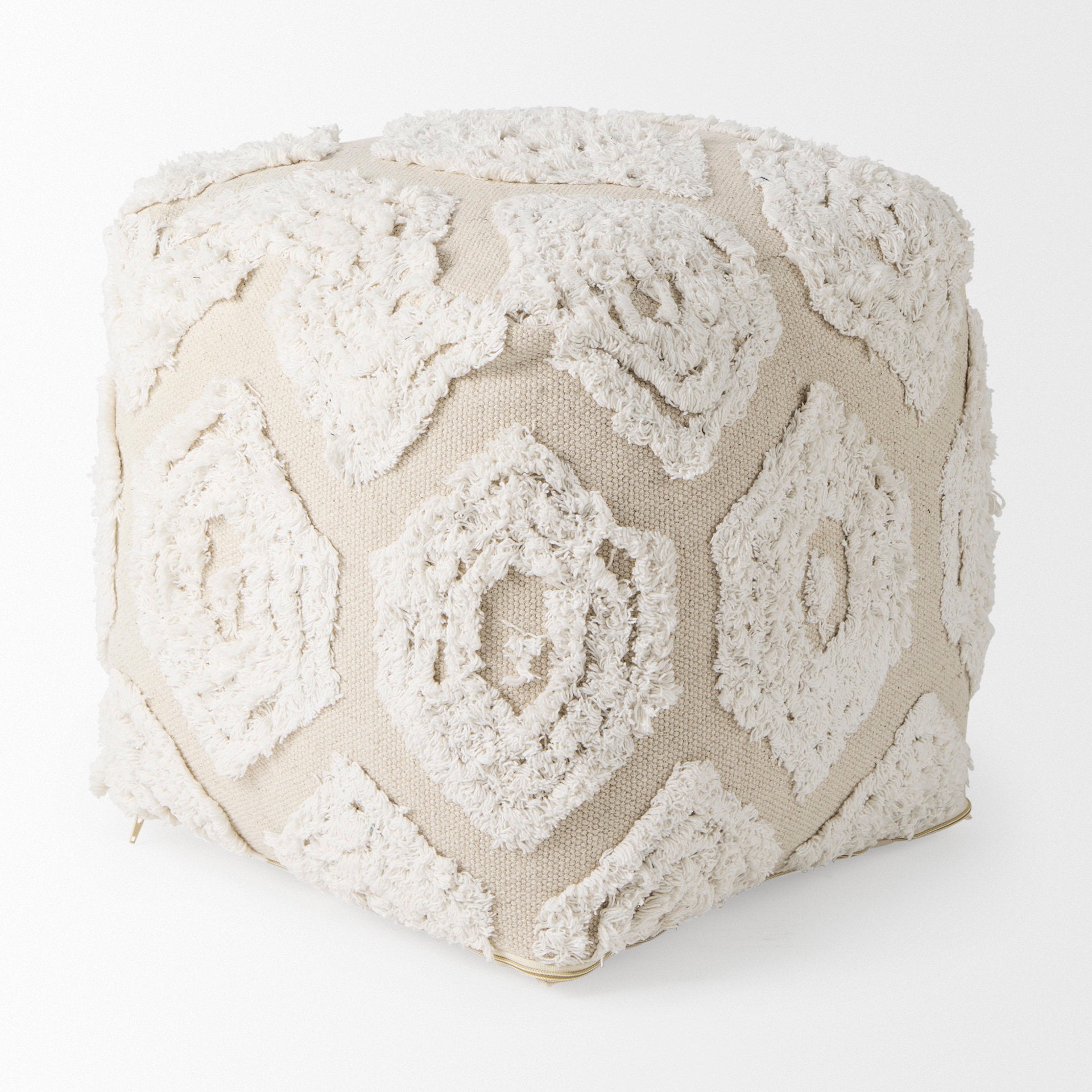 Ekanta 16.0L x 16.0W x 16.0H Cream/Beige Patterned Cotton Pouf - Central Designs