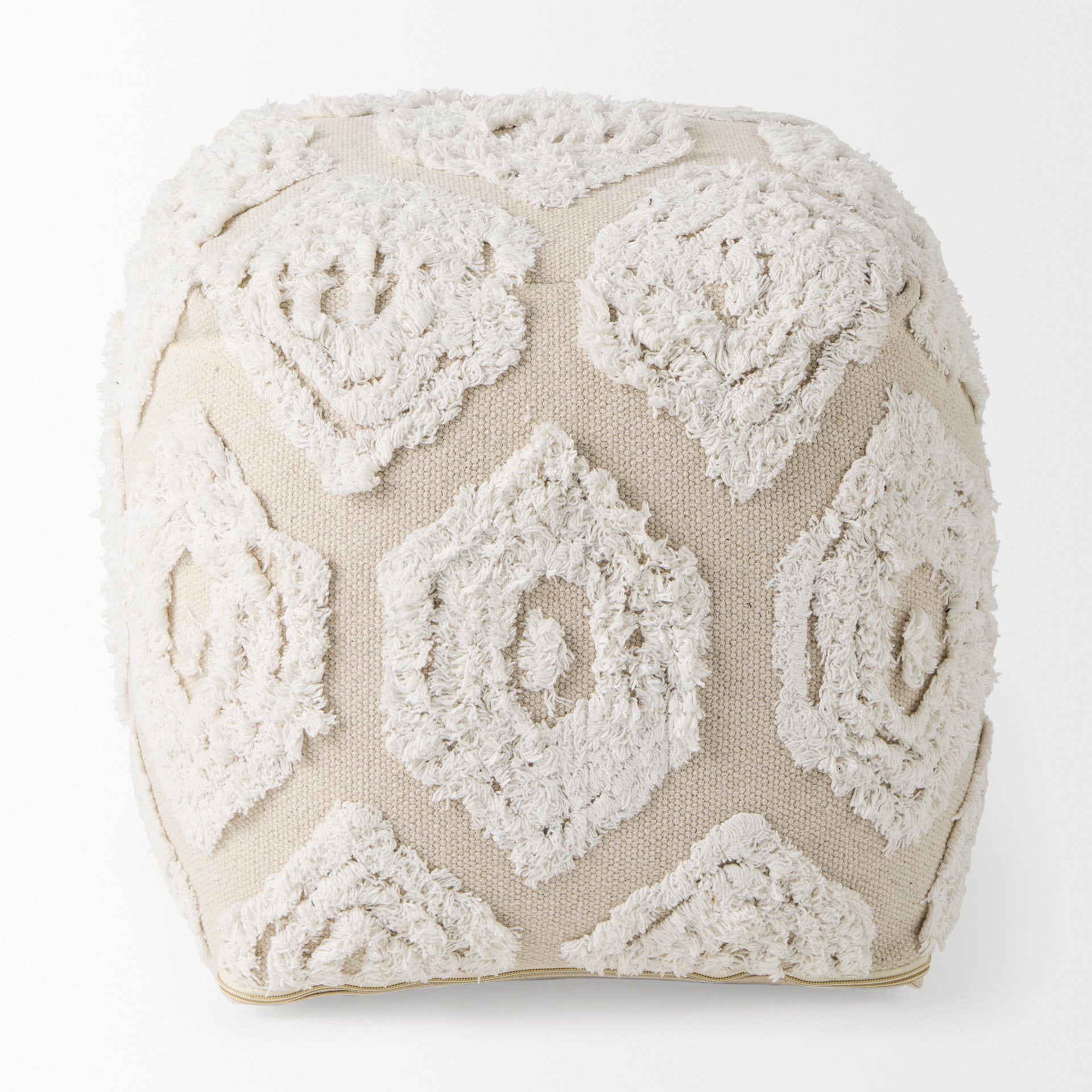 Ekanta 16.0L x 16.0W x 16.0H Cream/Beige Patterned Cotton Pouf - Central Designs