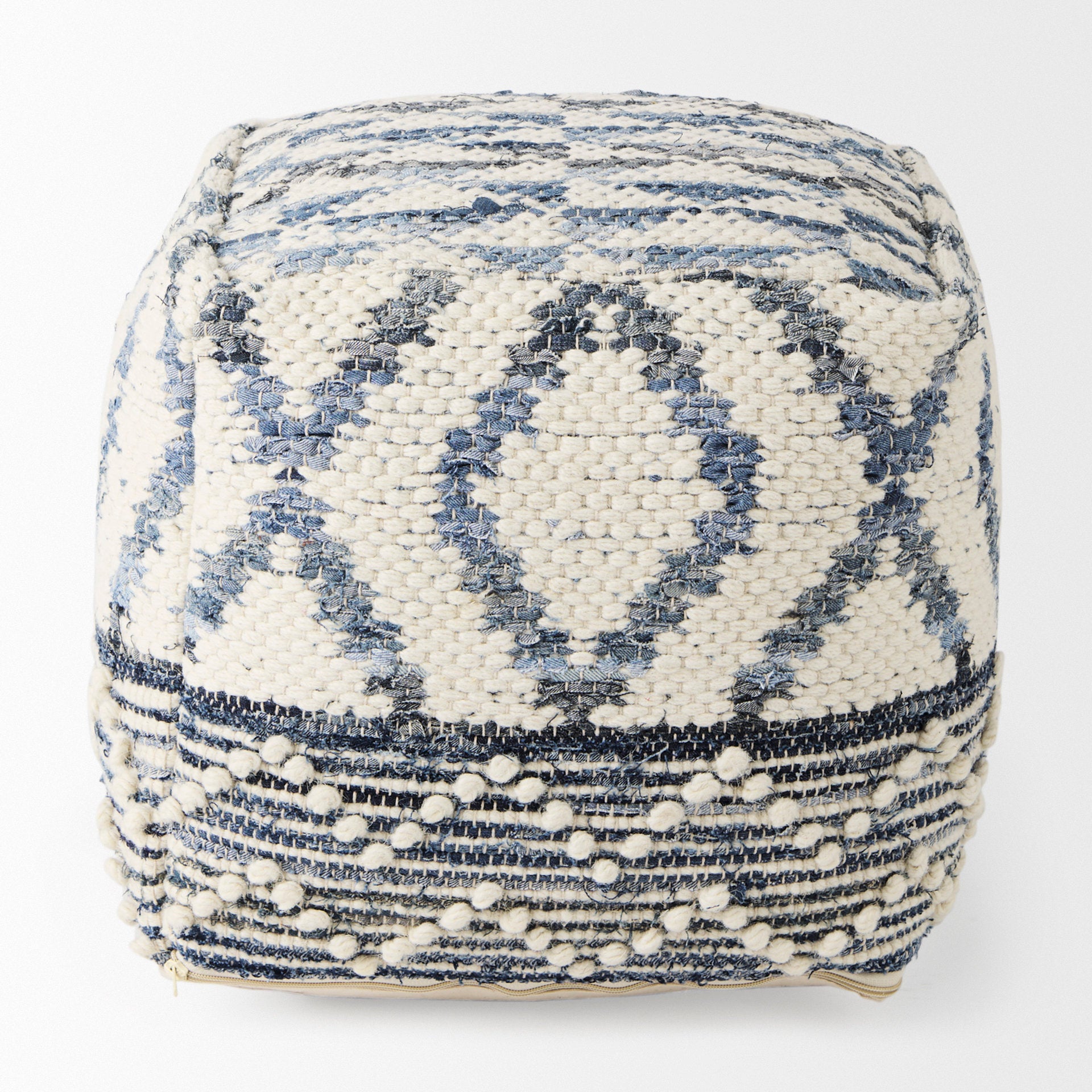 Eshana 16.0L x 16.0W x 16.0H Cream Wool and Denim Patterned Pouf - Central Designs