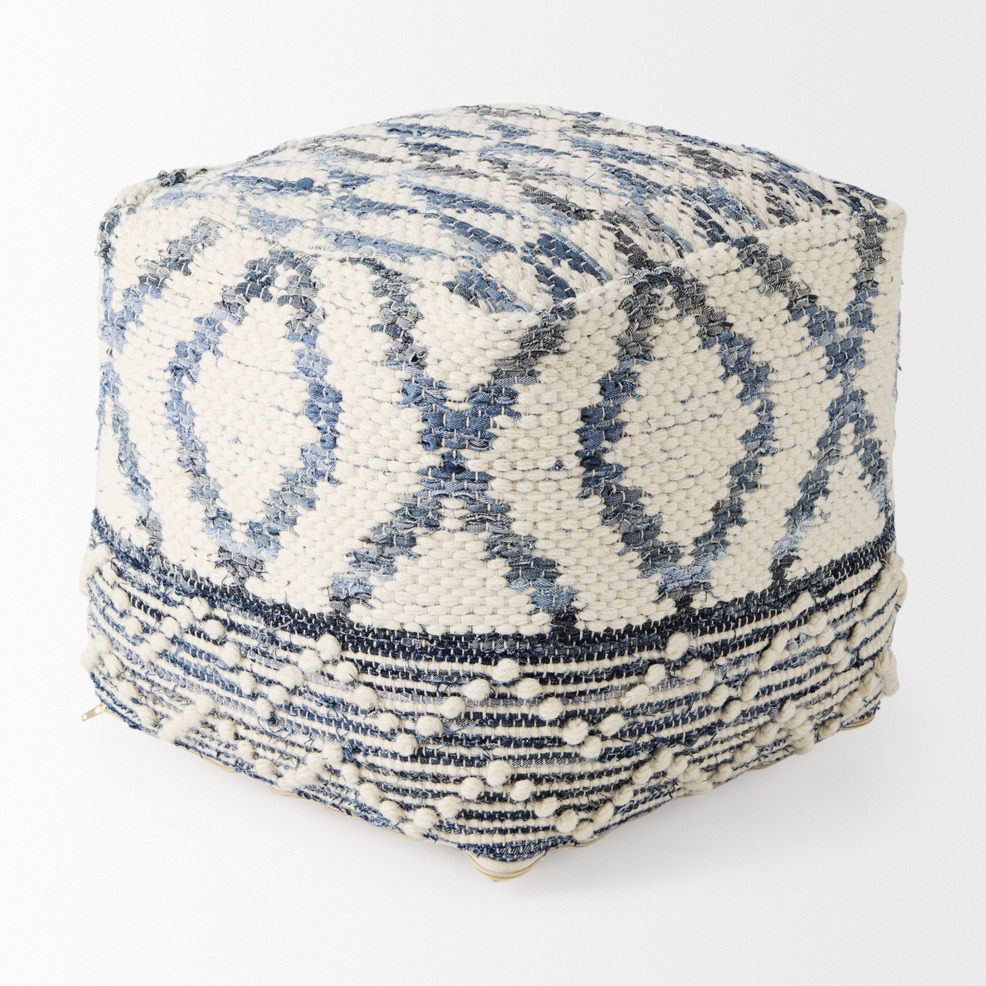 Eshana 16.0L x 16.0W x 16.0H Cream Wool and Denim Patterned Pouf - Central Designs