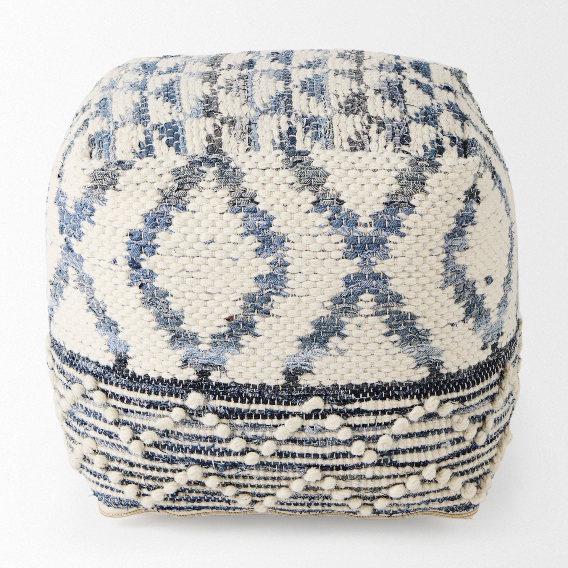 Eshana 16.0L x 16.0W x 16.0H Cream Wool and Denim Patterned Pouf