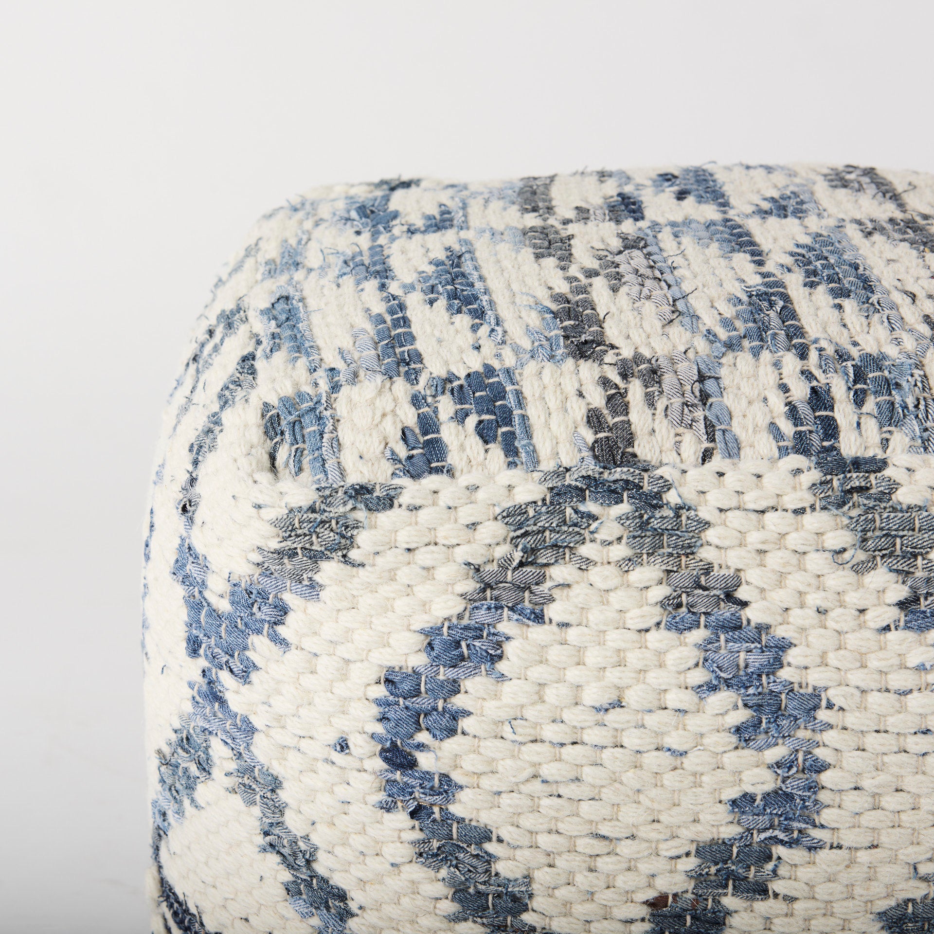 Eshana 16.0L x 16.0W x 16.0H Cream Wool and Denim Patterned Pouf - Central Designs